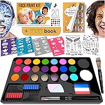 Face Paint Kit for Kids &ndash; 20 Washable Colors, Guaranteed Stain-Free, Paints 60+ Faces, Hair Chalk, Glitter, Brushes, Stencils, Non-Toxic, Perfect for Birthdays, Halloween, Parties