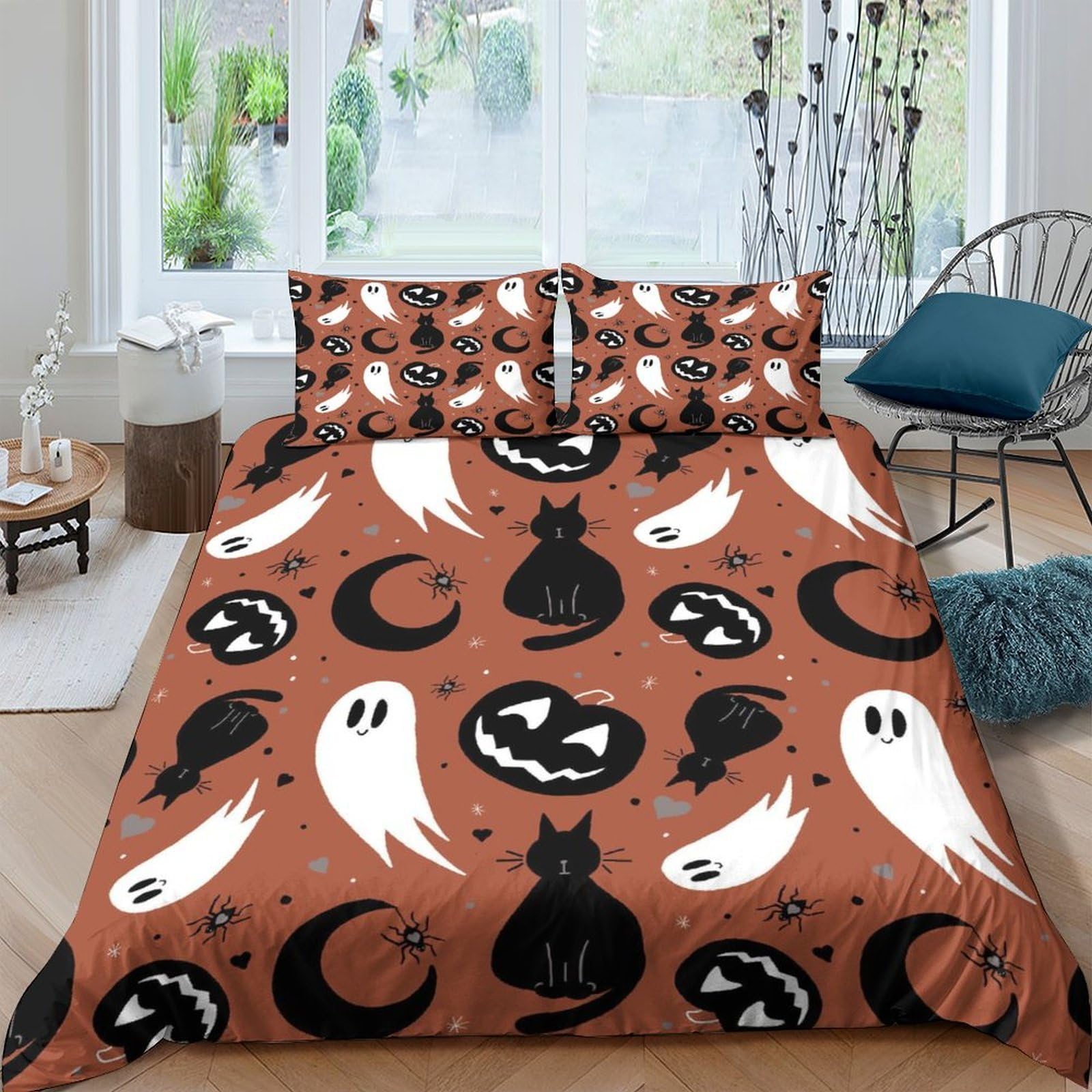 Ctjqhvkz Style-9 3D Printed Halloween Ghost Fitted Sheet Microfiber Soft Breathable Pumpkin Cat Bed Cover For Bedroom Dorm Decor Single（135X200cm）
