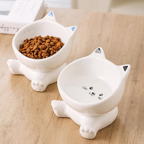 Miniatura 8 de Cuenco elevado para gatos con orejas de gatito 3D para sostener alimentos y agua, platos elevados de cerámica para mascotas que protegen la columna