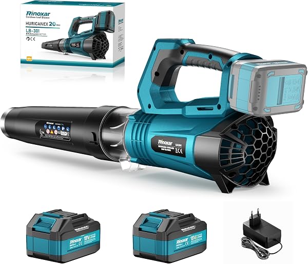Souffleur de feuilles sans fil RINOXAR HURICANE X20 PRO, moteur brushless 850 W, 800 m³/h, 2 batteries 18V 5200mAh et chargeur