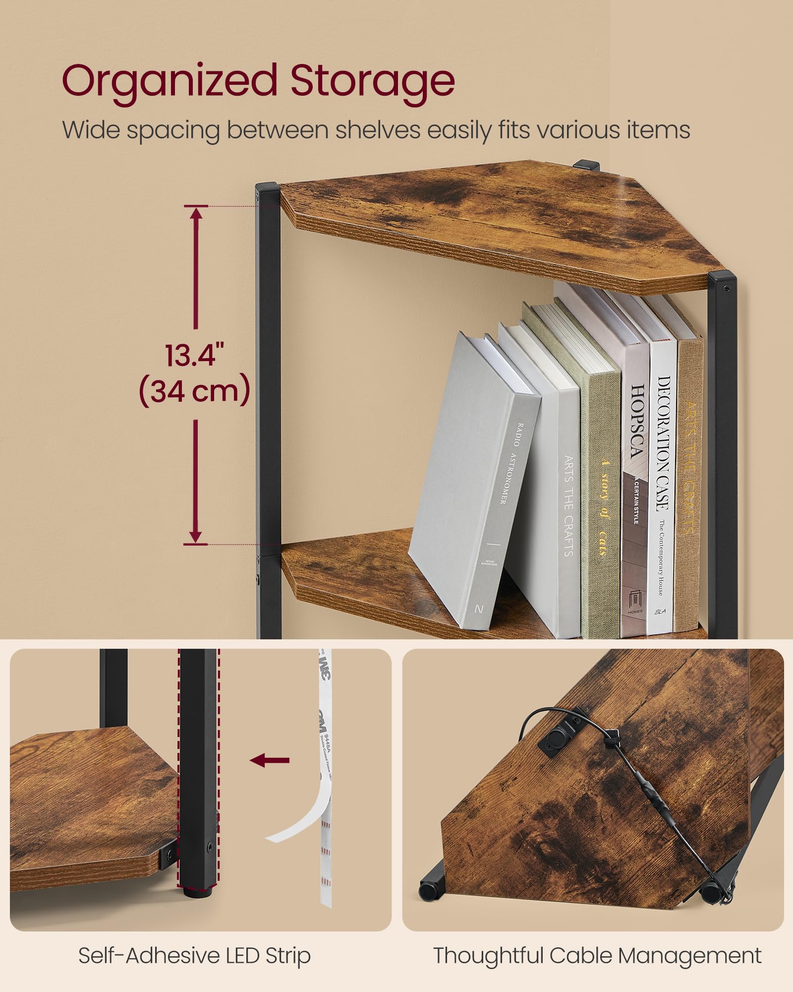 VASAGLE Étagère d'angle avec lumières LED, étagère d'angle à 5 niveaux, étagère de rangement avec cadre en acier, 24 x 48 x 140 cm, pour salon, chambre à coucher, bureau, marron rustique ULBC590K01