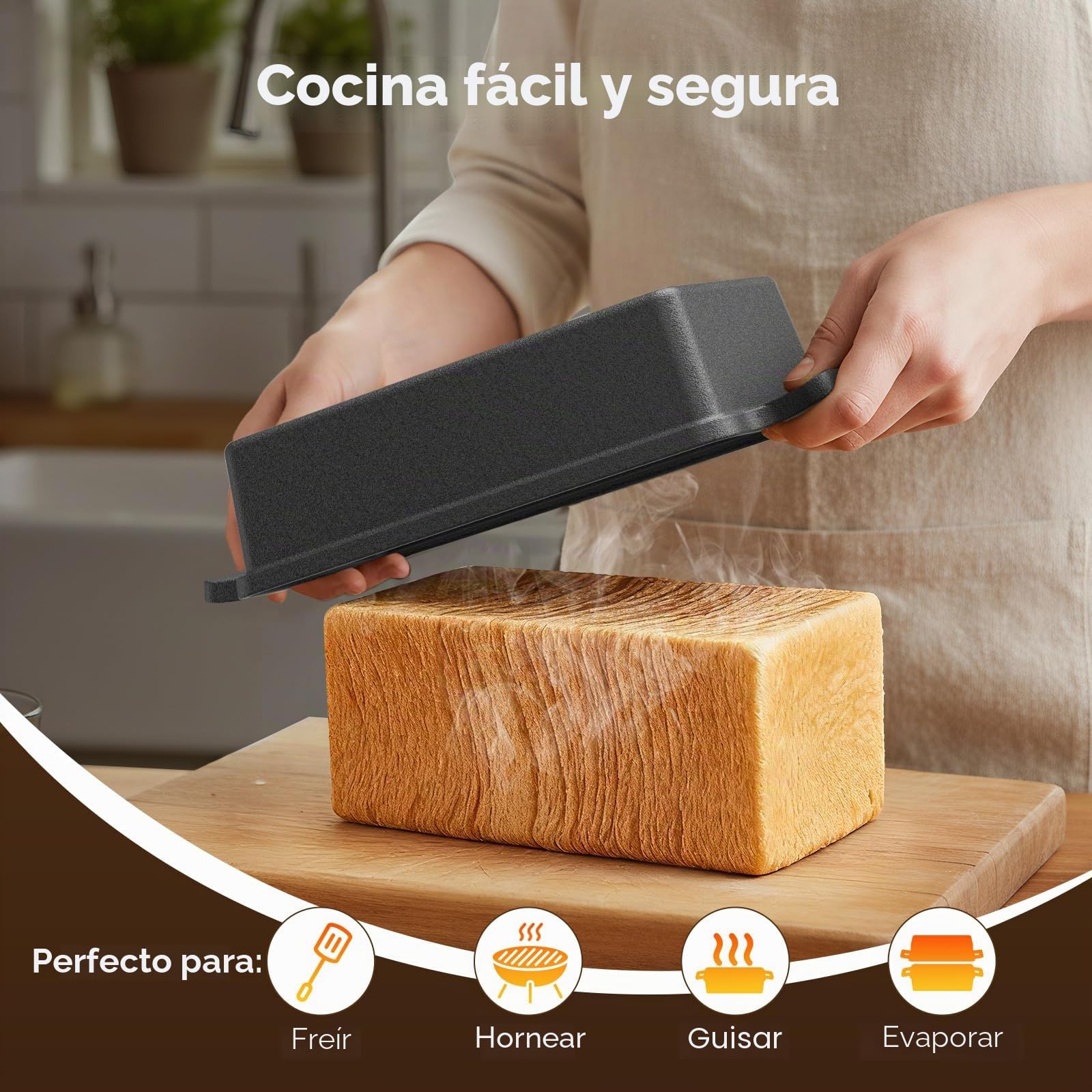 Molde para pan con tapa, olla de hierro fundido, ideal como molde para pan, accesorios de pan, pan y pastel, acero antiadherente bicapa sin PFAS -32 x 13 cm