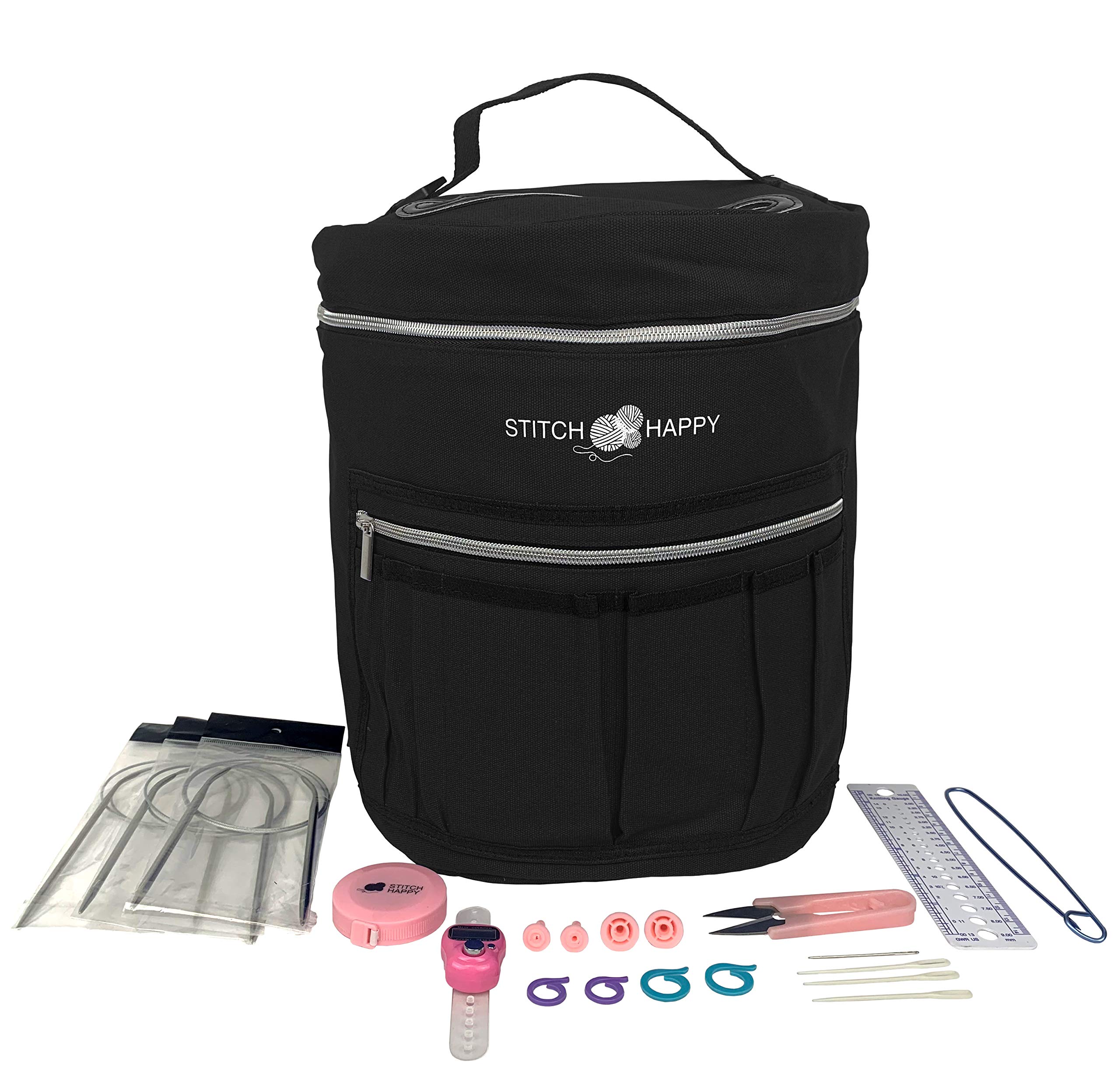 Designer Stitch Happy Knitting Starter Kit: 20 Piece Knitting Kit for Beginners &amp; 7 Pocket Yarn Bag, Signature Yarn Storage - Black