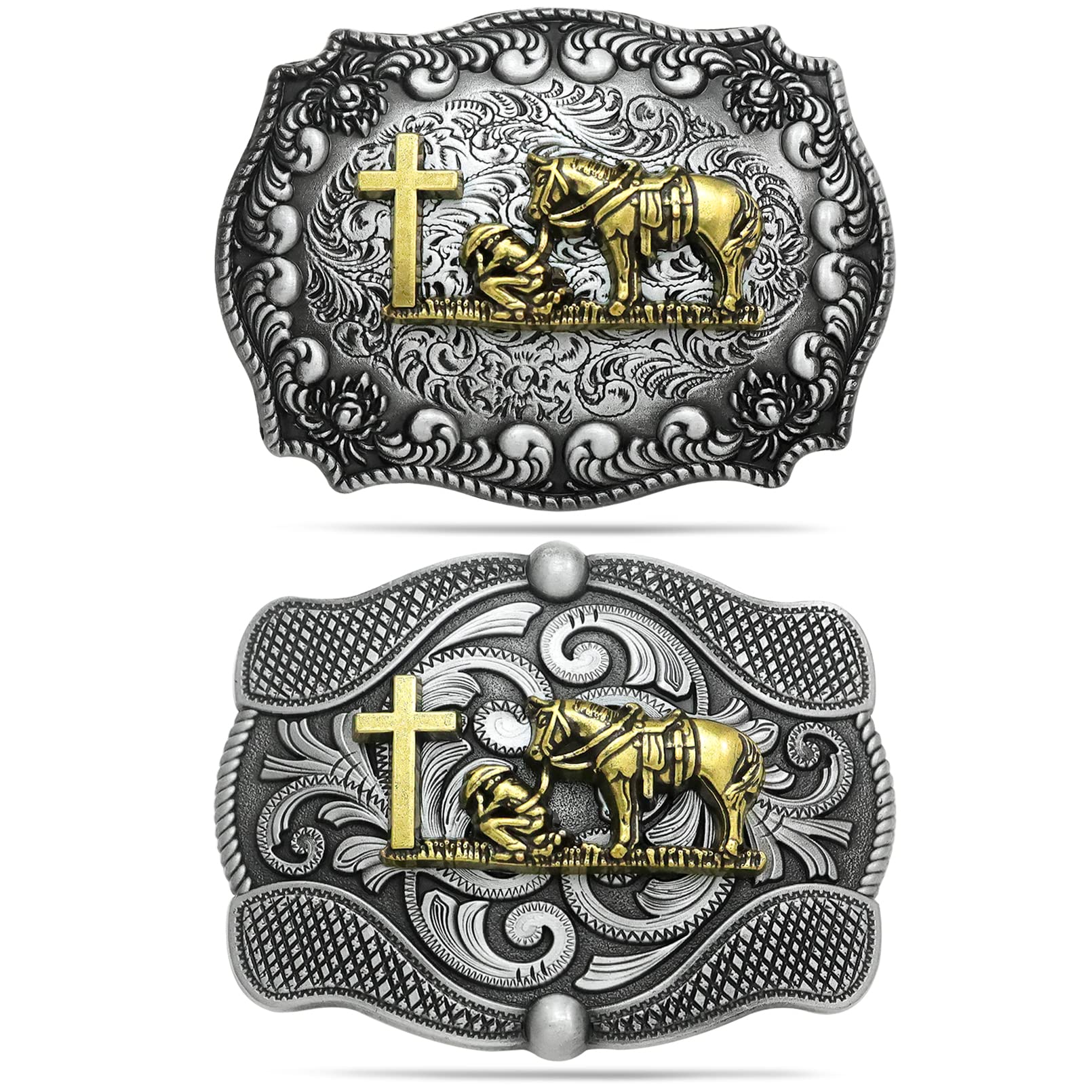 2 Pieces American Western Cowboy Belt Buckles, Mens Religion Cross Horse Horseman Silver Vintage Belt Buckle Small