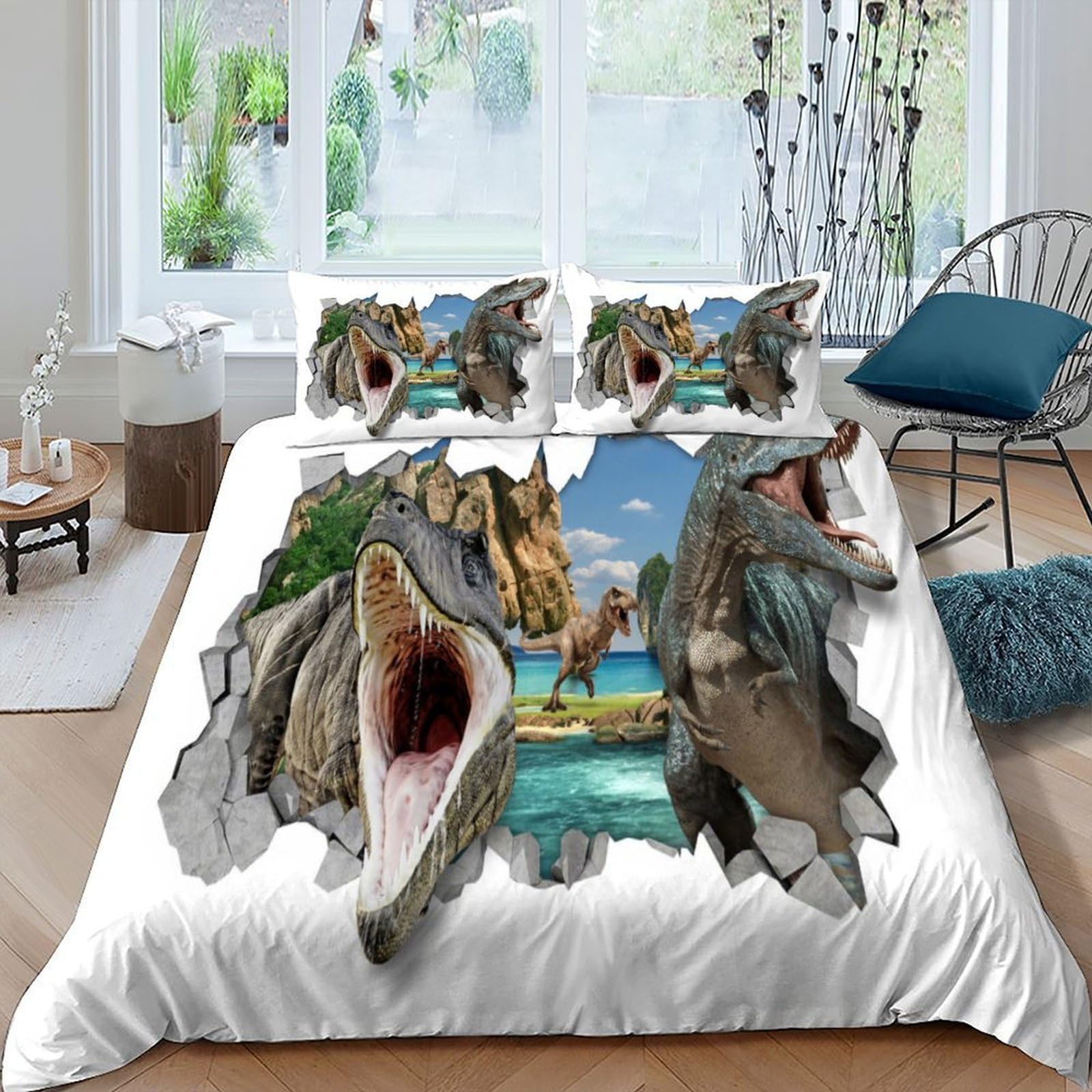 Housse de couette animal imprimé dinosaure king 220x240 parure lit microfibre respirante