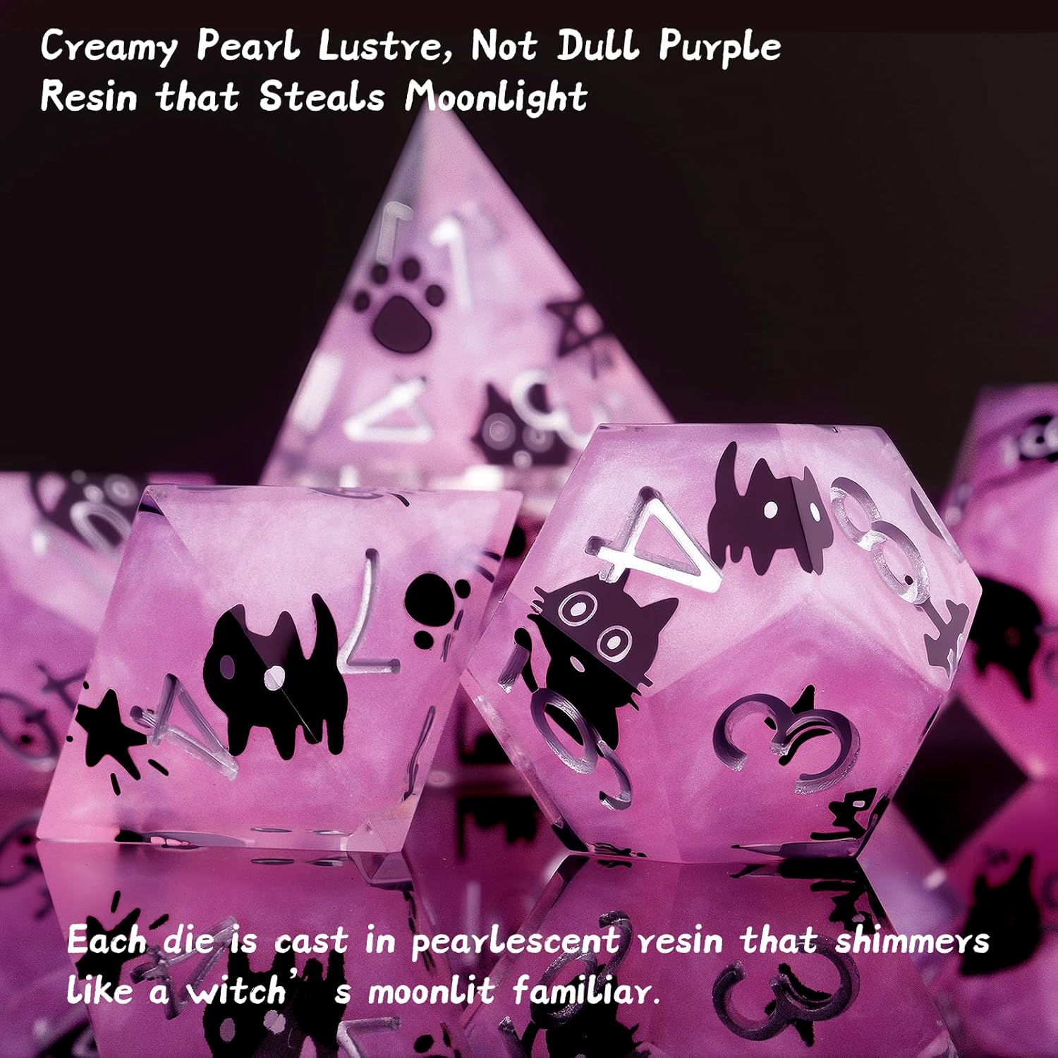 Haxtec Cat DND Dice Set Purple Sharp Edge Resin Dice Set with Dice Case, Handmade D and D Dice Polyhedral D&D Dice Set for TTRPGs Compatible with Dungeons and Dragons DND Gifts