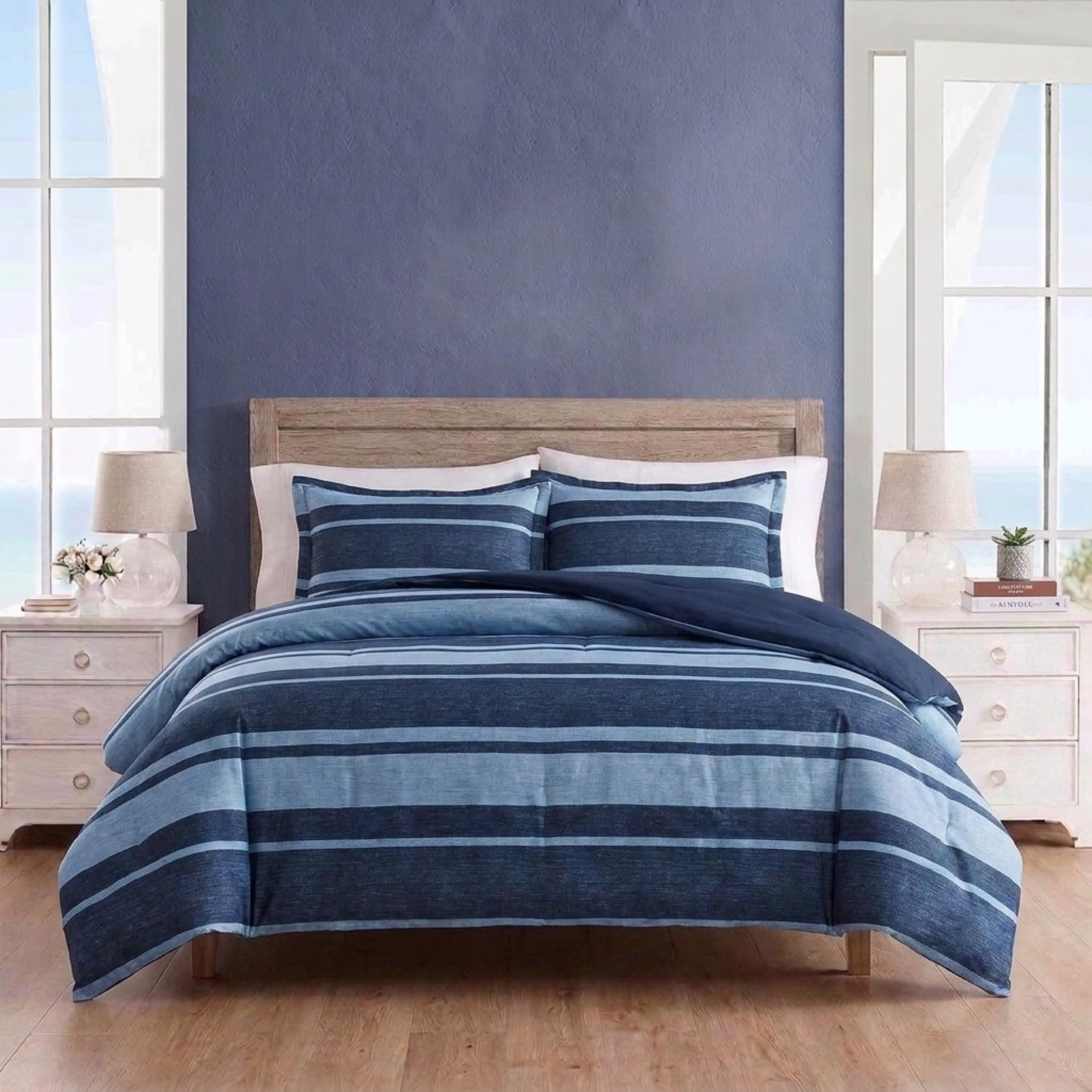 Nautica Juego de Ropa de Cama de 3 Piezas, 100% algodón, Acogedor, Suave, Duradero y Transpirable, a Rayas, Color Azul, matrimonial/Queen