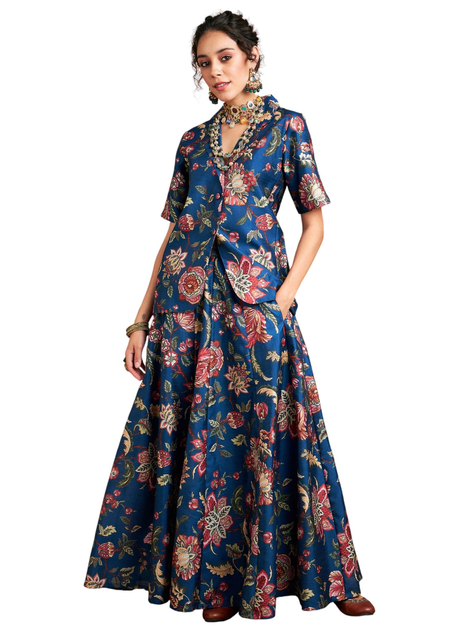 shae by sassafras Women Multi Floral Blazer Top With Anarkali Skirt-picture-14