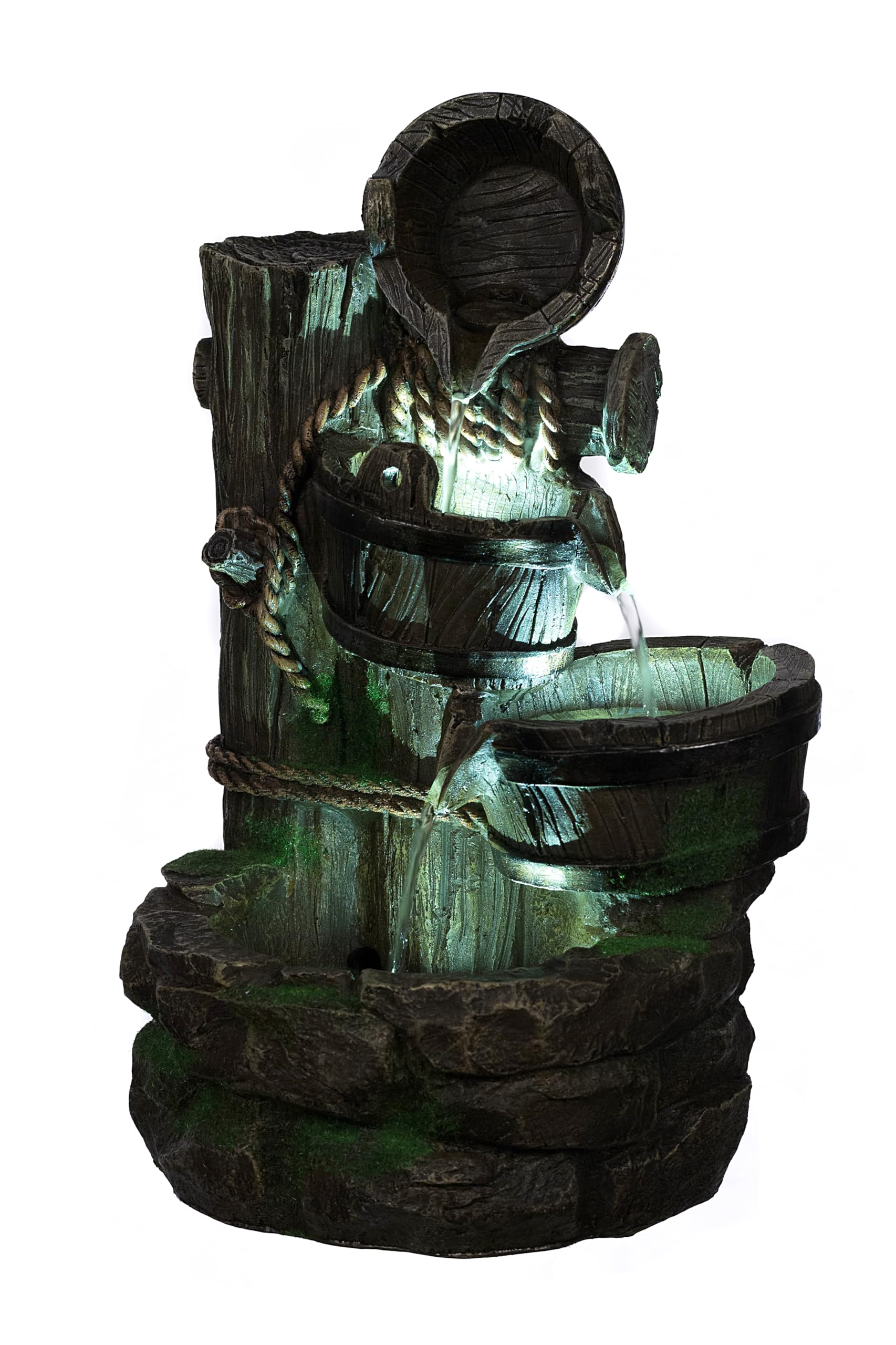 XL Fontaine, Pierres, Mousse, cruches, avec 3 Lampes LED, G53–17022, Fontaine (brunnen10), LED Lampes, décoration, Fontaine, Bain à Oiseau Jeux d'eau, 57 cm