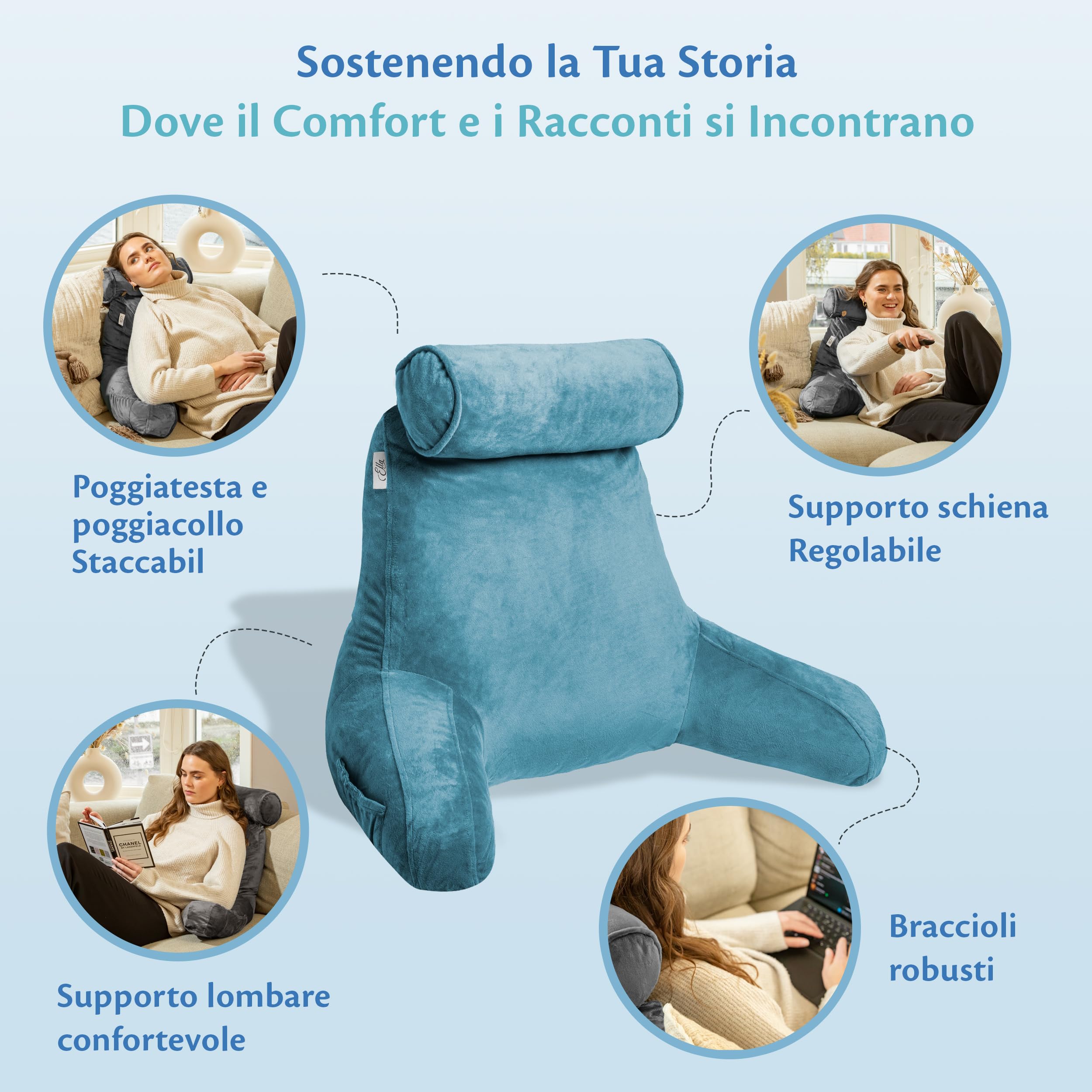 Cuscino Da Lettura Con Braccioli E Paranuca - Morbido Schienale Per Letto E Divano, Blu - Foto 4