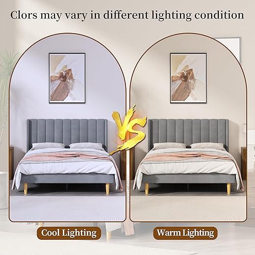 Miniatura 3 de Base de cama tapizada con cabecero y listones de madera fuertes, no necesita somier, pie de madera silencioso fácil de montar (gris, matrimonial)