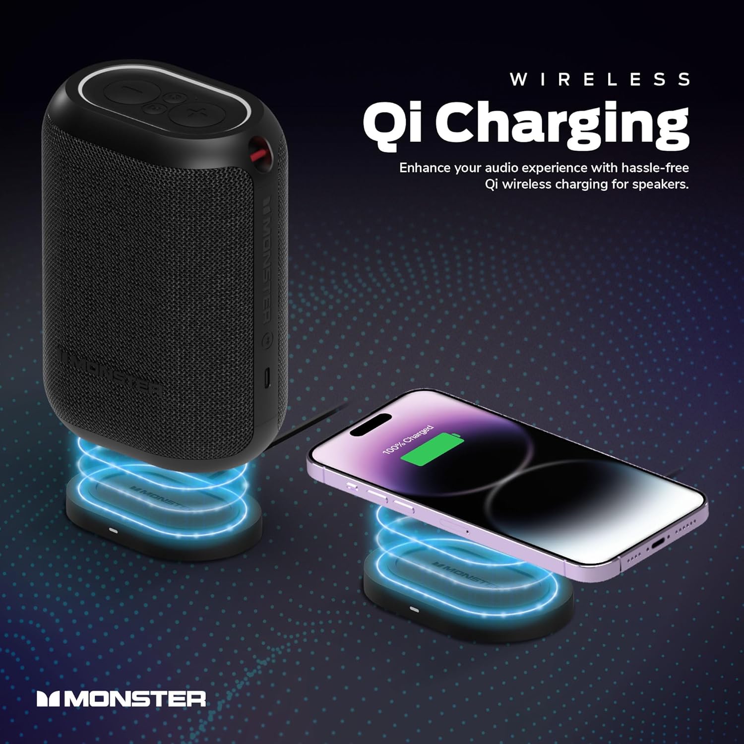 Monster DNA One speaker and a smartphone wirelessly charging on separate pads