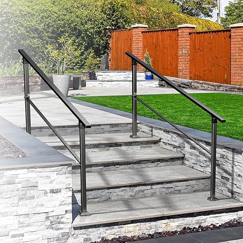 Miniatura 10 de Pasamanos de 4 a 5 escalones para escalones al aire libre, pasamanos de forma recta de 5 escalones, kit de pasamanos de acero forjado negro,