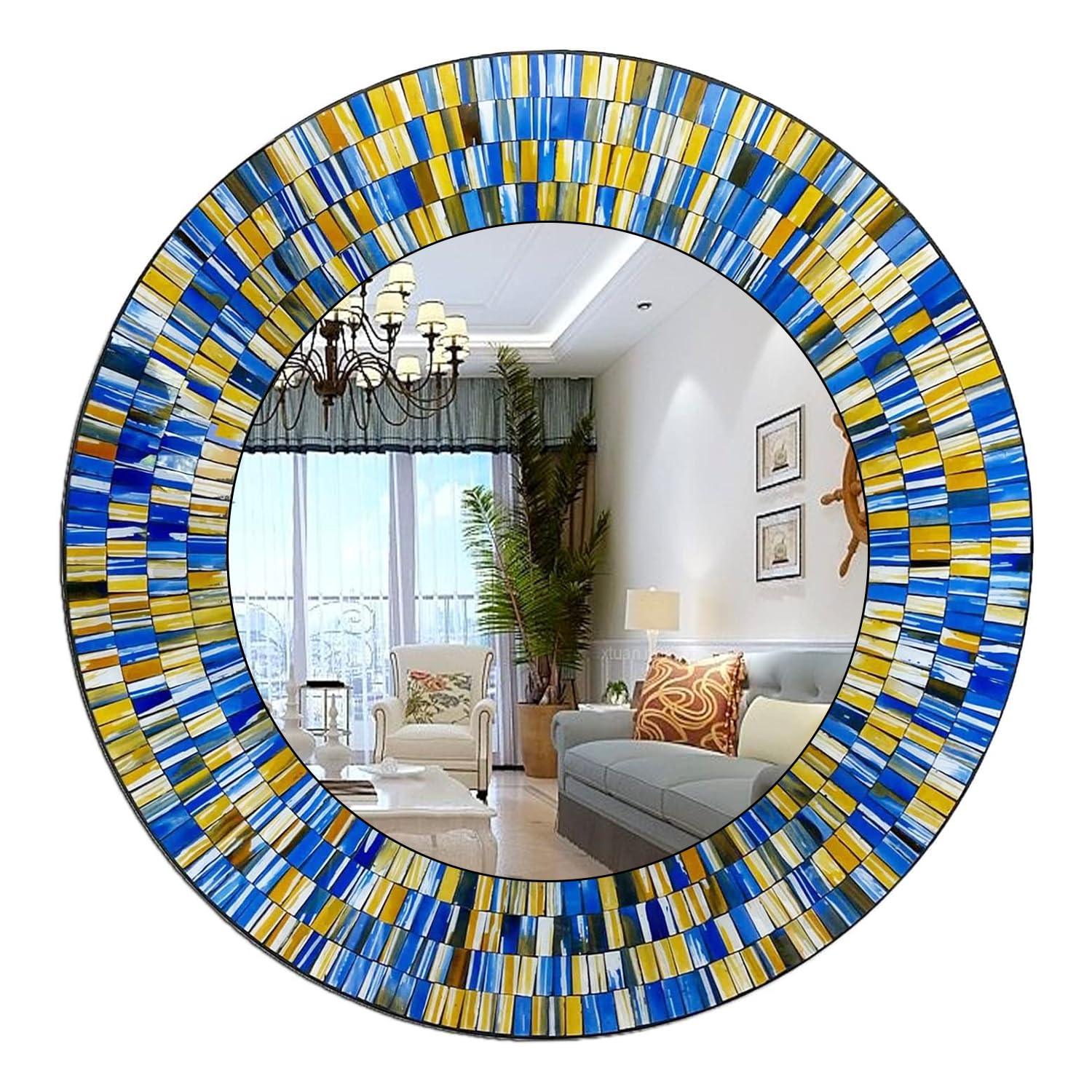 Handcrafted Mosaic Decorative Wall Mirror, 24" Round Wall Mirror of Pastel Sea Blue and Indigo, Gold Yellow Colorful Glass Tile Décor for Home