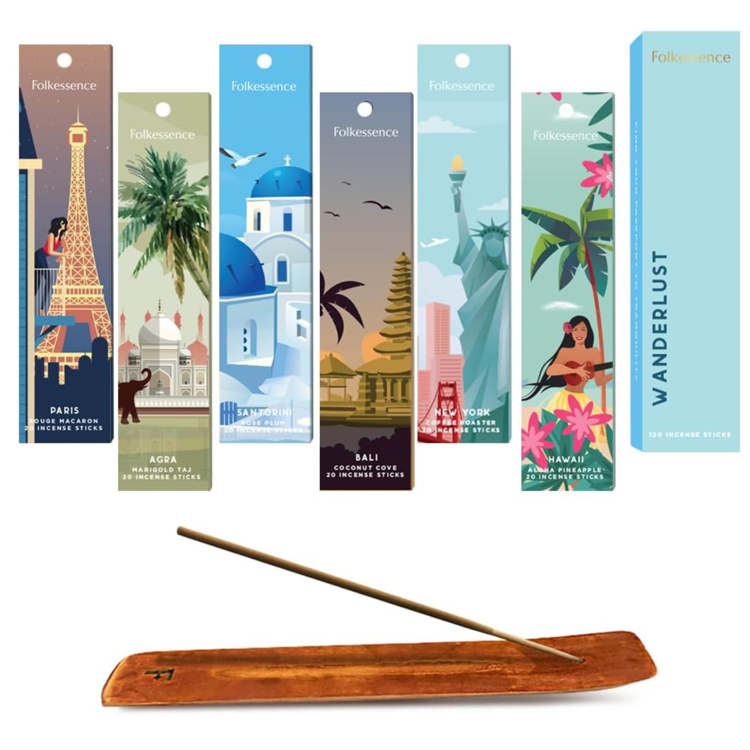 Folkulture Wanderlust Incense Sticks With Holder (120 Sticks) | Set Of 6 Premium Incense Sticks For Aromatherapy | No Charcoal, Organic, Non Toxic, 45 Mins,Long Burning Coconut, Coffee, Rose Insence-Sticks