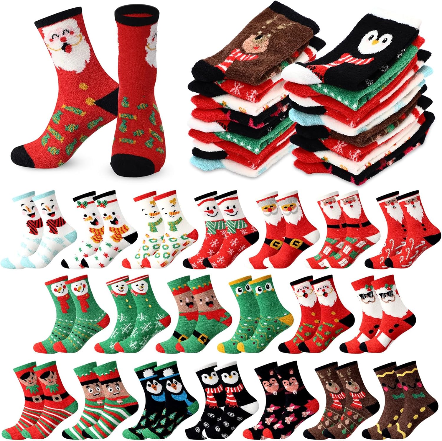 Cutecrop 20 Pairs Christmas Fuzzy Socks Bulk for Women Xmas Winter Cozy Fluffy Warm Sock for Christmas Gift Stocking Stuffers