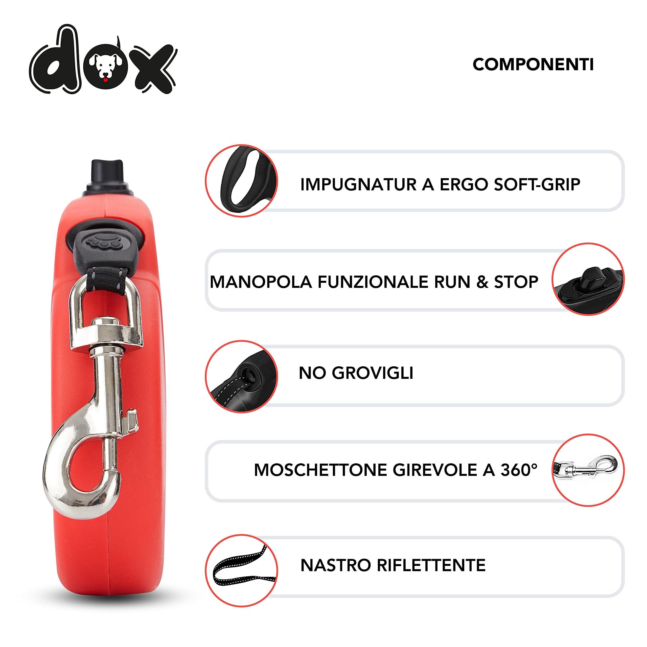 DDOXX Guinzaglio per Cani Allungabile | Colori e Misure Diverse | per Cani Piccoli e Grandi | Accessori Cane Guinzaglio a Bretella Retraibile | Guinzaglio per Gatti e Cani | L, 5m, Fino a 50 kg, Rosso