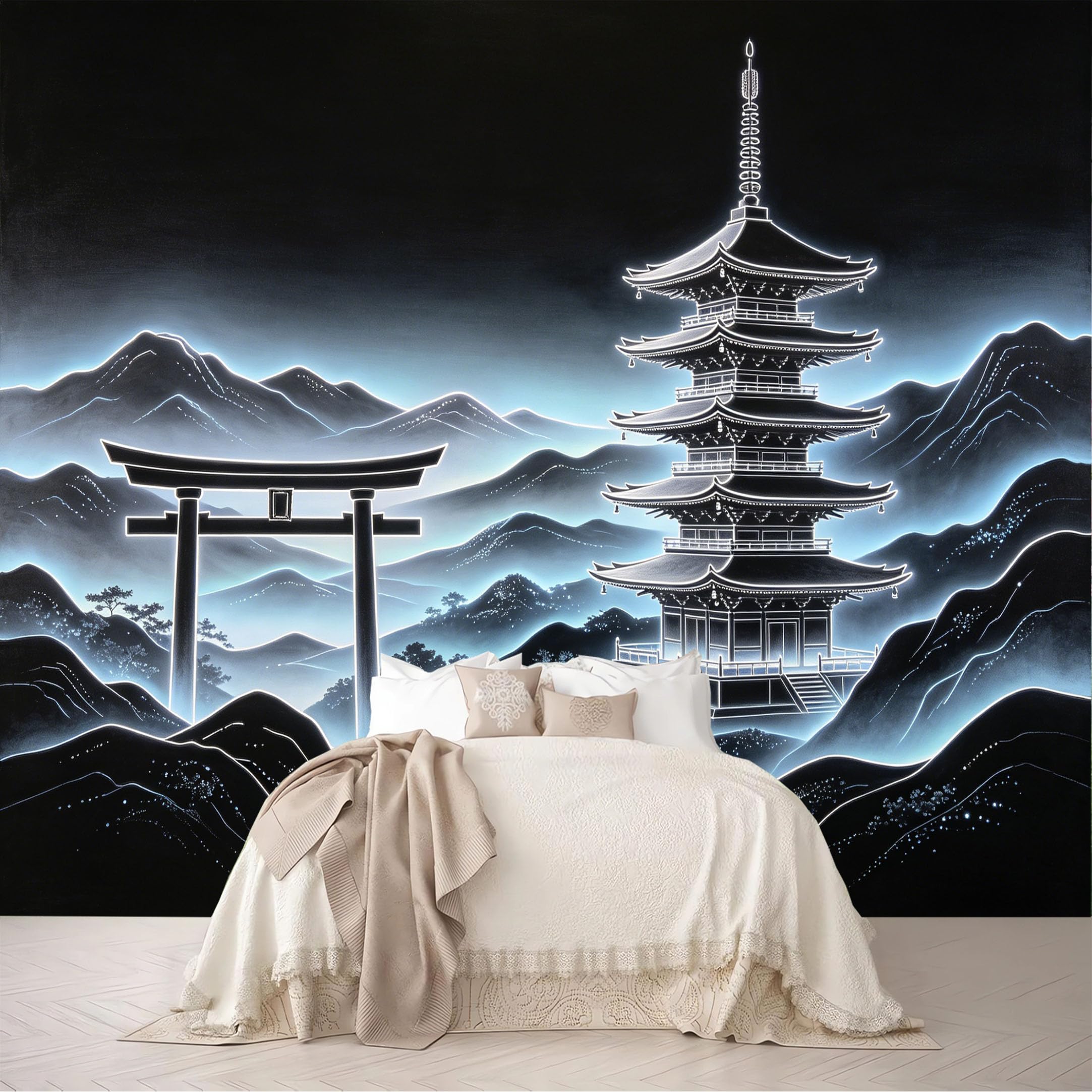 Dskjoviality Ab260706071 Custom Size Wall Murals Neon Torii Gate Pagoda Misty Mountain Landscape Removable Self-Adhesive For Bedroom Living Room Dining Room