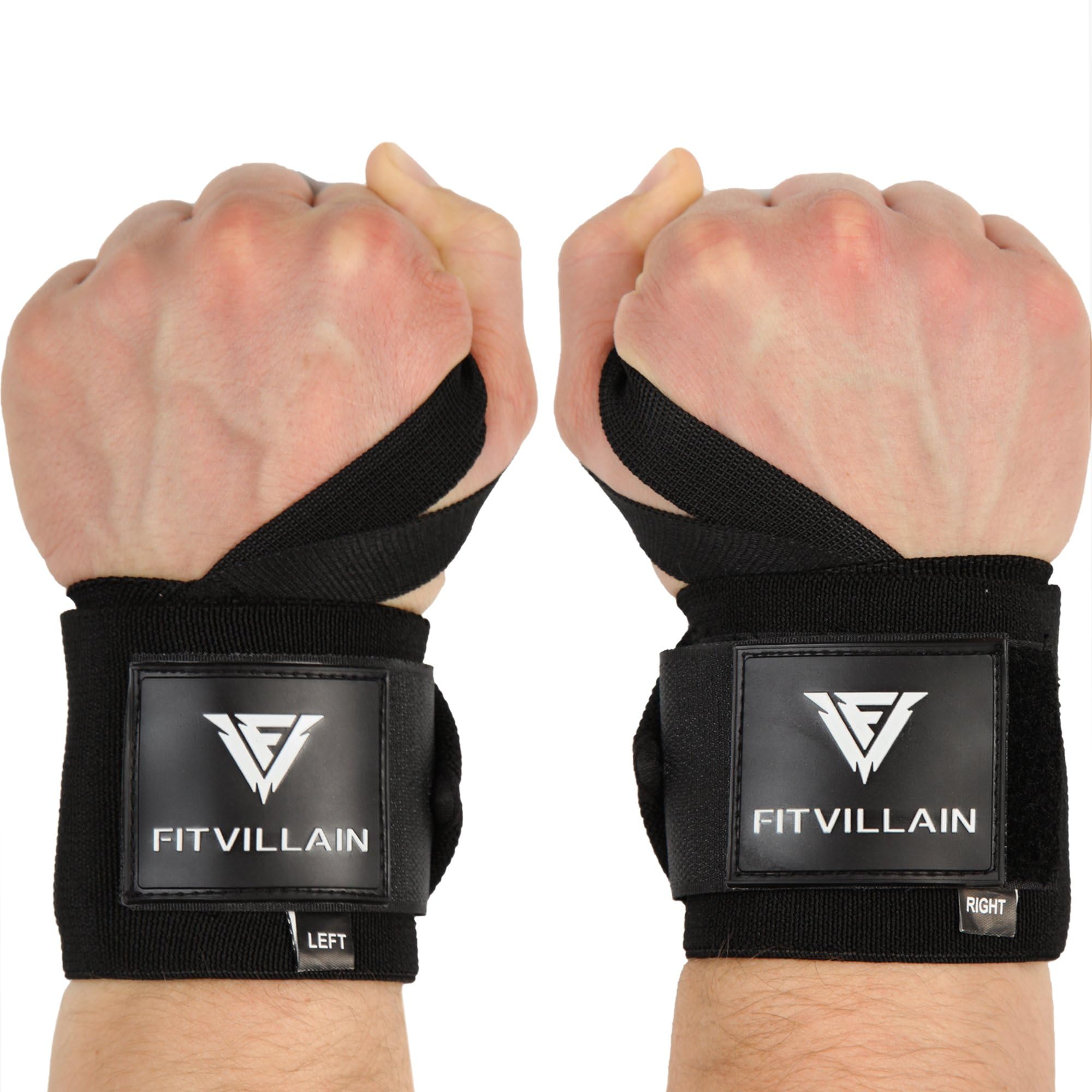 FITVILLAIN Weight Lifting Wrist Wraps Support - for Gym Powerlifting Gymnastic Fitness Sport Exercise - Black Elastic Adjustable Compression Wrist Guards - for Men and Women (1 pair, Black)