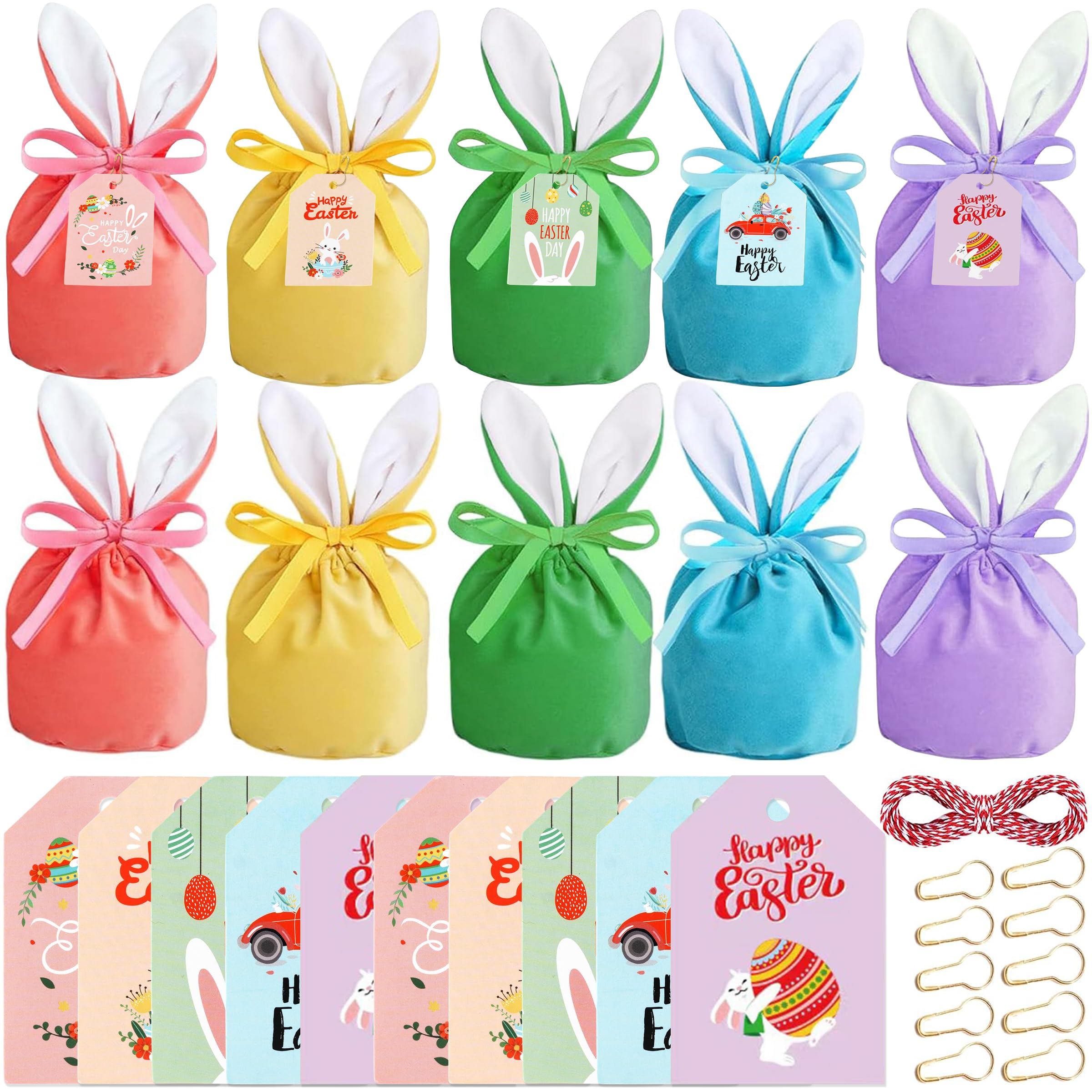 20 Stück Osterhasen Samtbeutel Set – 10 Samtsäckchen mit Ohren & 10 Geschenkanhänger, Dekorative Oster-Geschenktüten zum Befüllen für Osterfeiern & Frühlingsdekoration