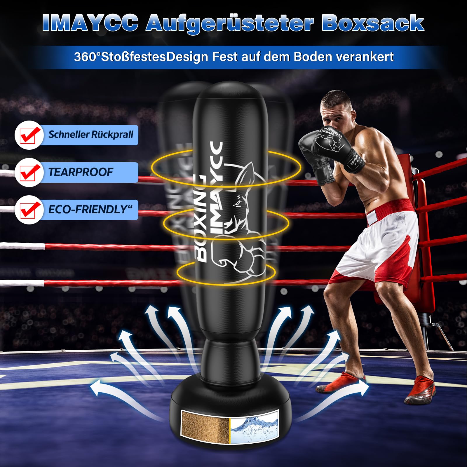 IMAYCC Staande Bokszak 180 Cm Met PU Handschoenen - Opblaasbare Bokszak Voor Volwassenen & Tieners - Muay Thai & Bokstraining
