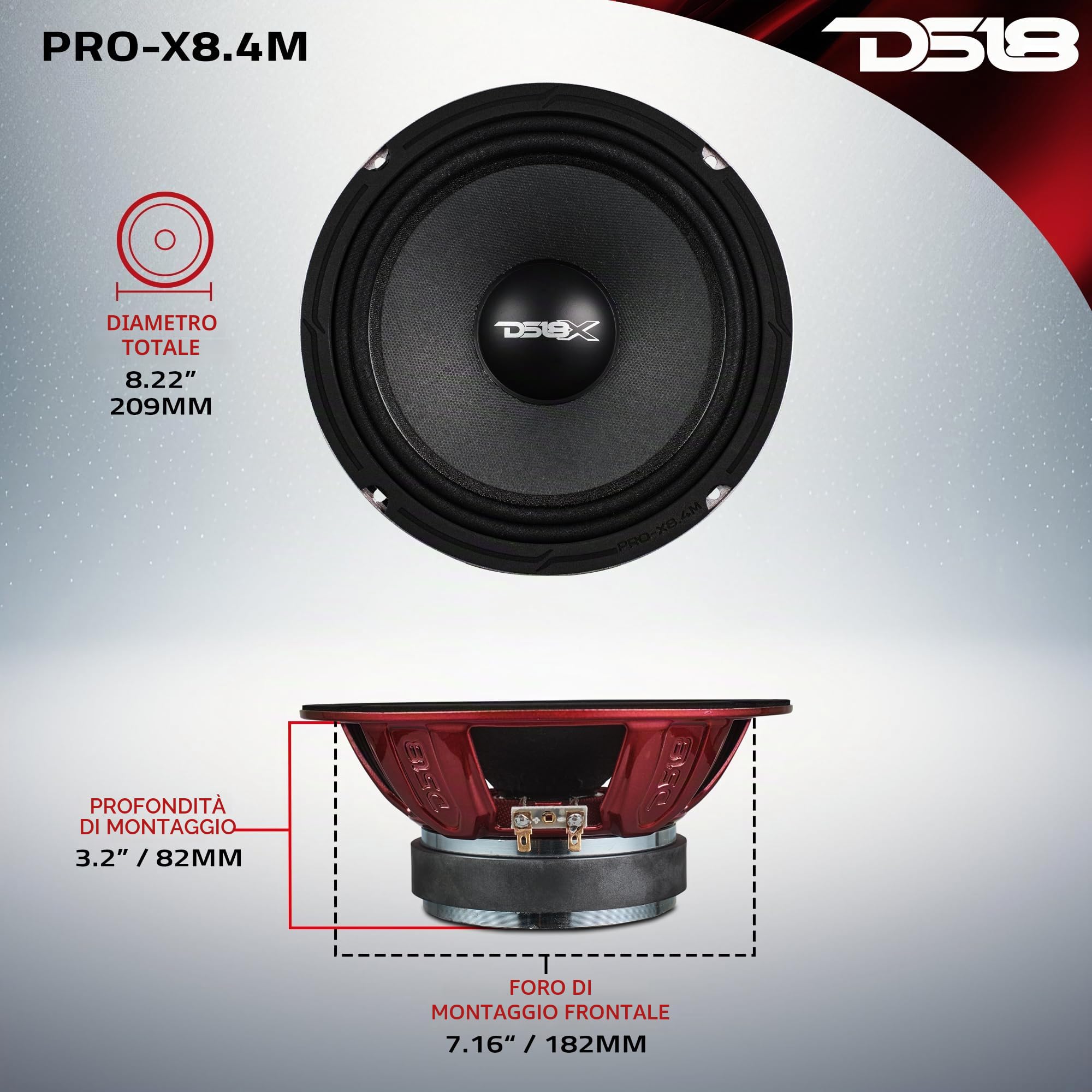 DS18 Pro-X8.4M Altoparlante da 20,3 cm, midrange, cestello in acciaio rosso, 550 W max, 275 W Rms, 4 Ohm, altoparlanti audio di alta qualità per portiera di auto o camion (1 altoparlante)