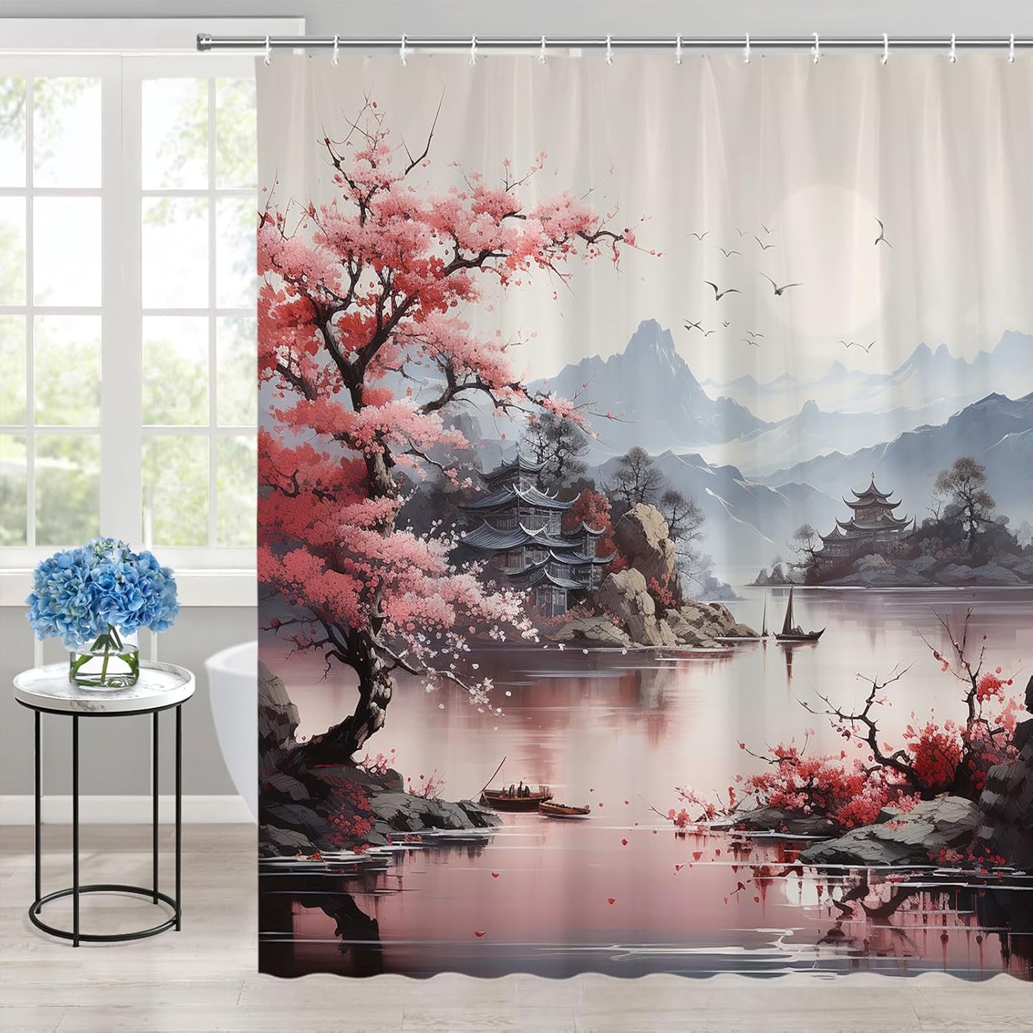 Asian Shower Curtain Pink Chinese Mountain Flower Spring Art Ink Painting Tree Landscape Bathroom Polyester Curtains Set with Hooks 70x84 Inch
