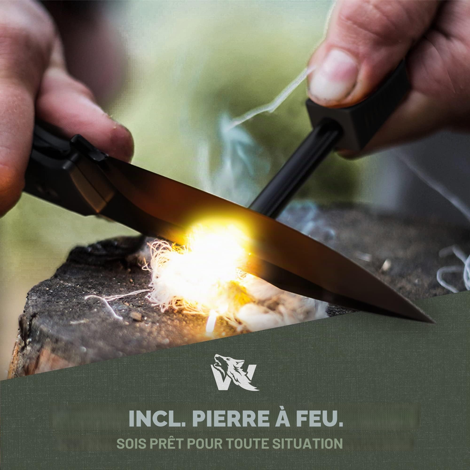 Wolfgangs - Couteau d’extérieur avec étui Kydex - Usiné dans un seul bloc d’acier D2 - Allume-feu et sifflet d'urgence inclus