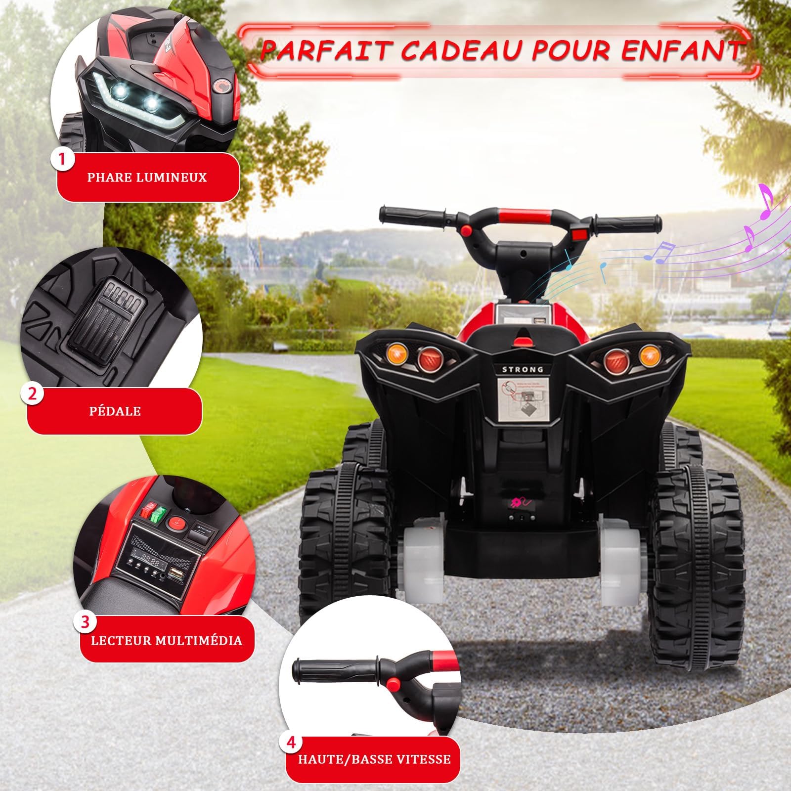 Quad Eléctrico para Niños con Control Remoto 2,4G, 12V Quad Eléctrico Infantil Dos Velocidades, Luces LED, Música, Radio y USB, 3+ Años (Rojo)