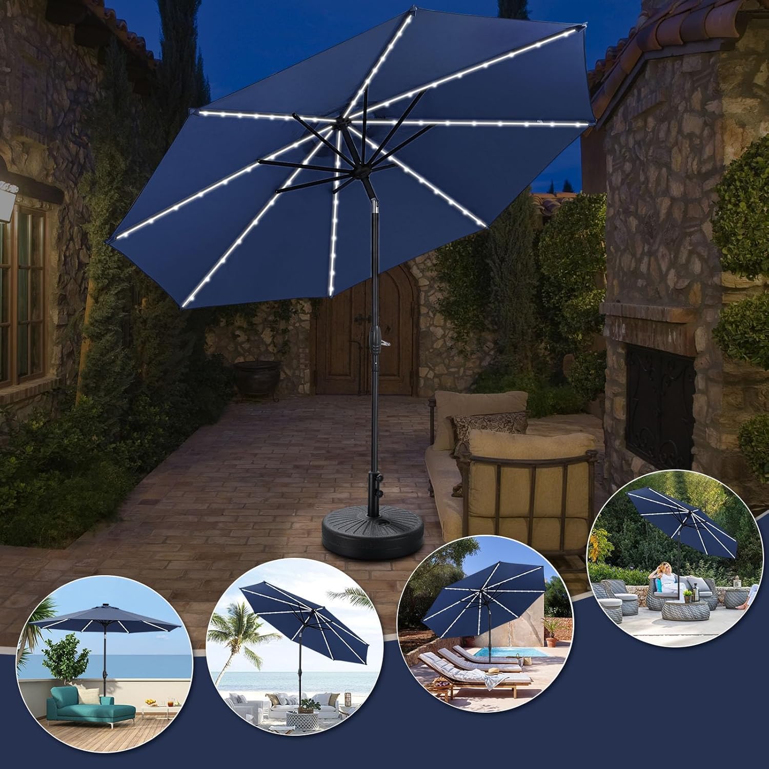 GDY 10 ft Solar Patio Umbrella with Base, 8 Ribs 8 LED Strip Lights and Push Button Tilt & Crank Outdoor Table Umbrella (Navy Blue)