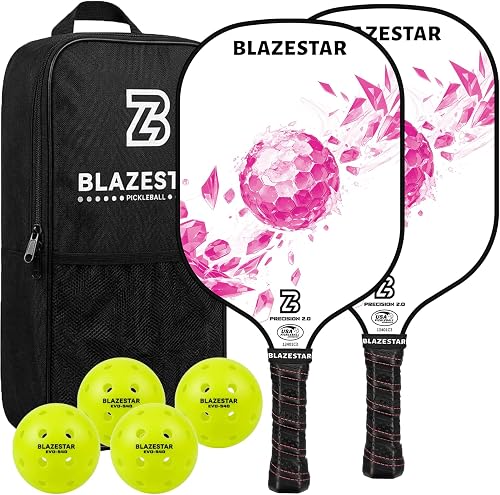X Blazerstar Pickleball Paddles Set of 2, USAPA Approved, Fiberglass Surface Pickleball Rackets with 4 Durable Outdoor Balls and 1 Bag, Ideal for Beginner, Gifts for Women and Men