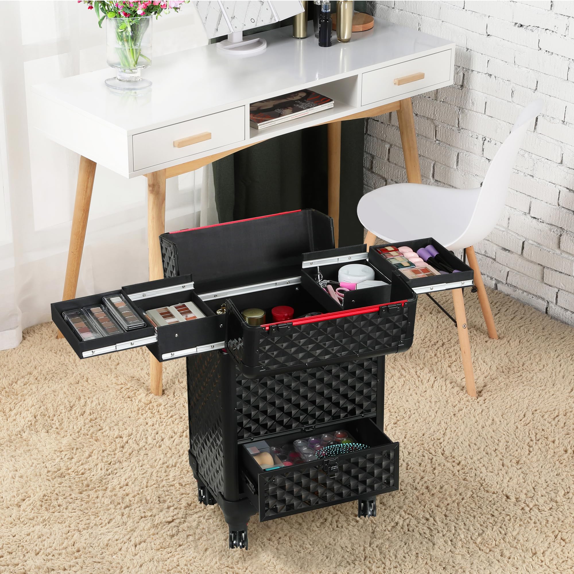 Yaheetech Valigia Trolley Make Up da Trucco Professionale 4 Vassoi Beauty Case da Viaggio per Estetista Nera