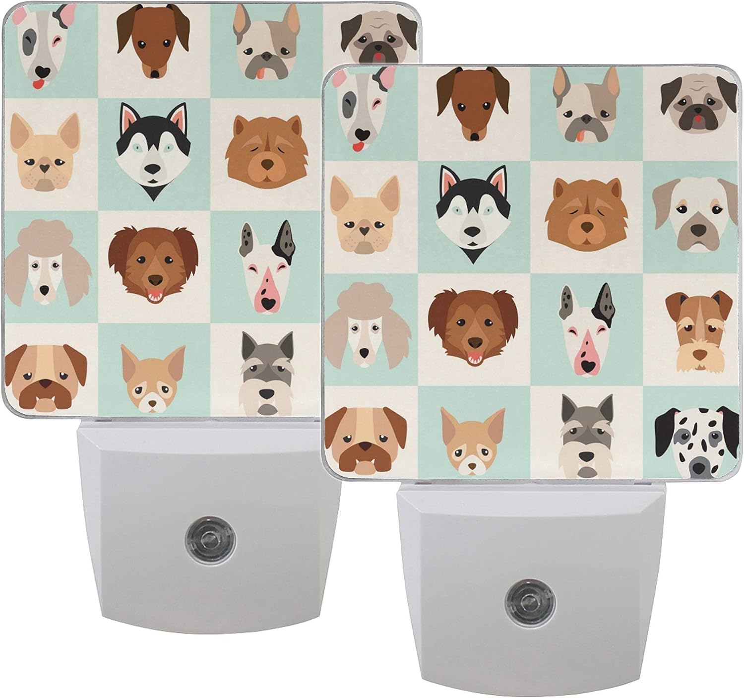 Naanle Set of 2 Fun Happy Animals Dog Head Flat Design Popular Dogs Breed Cartoon Style Character Auto Sensor LED Dusk to Dawn Night Light Plug in Indoor for Adults