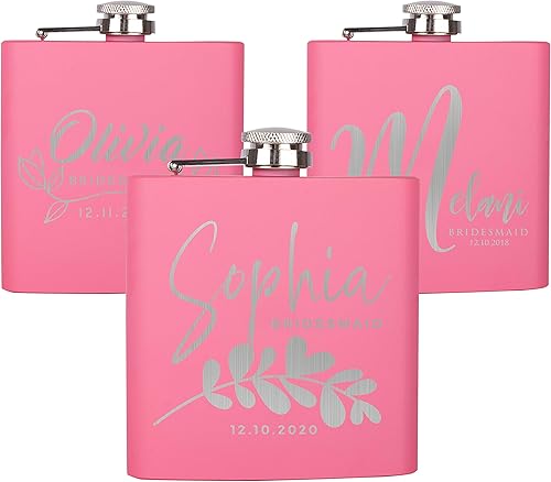 Miniatura 9 de Be Burgundy Juego de 6 regalos personalizados para fiesta nupcial, frasco de cadera de acero inoxidable de 6 onzas, rosa, perfecto para recuerdos de