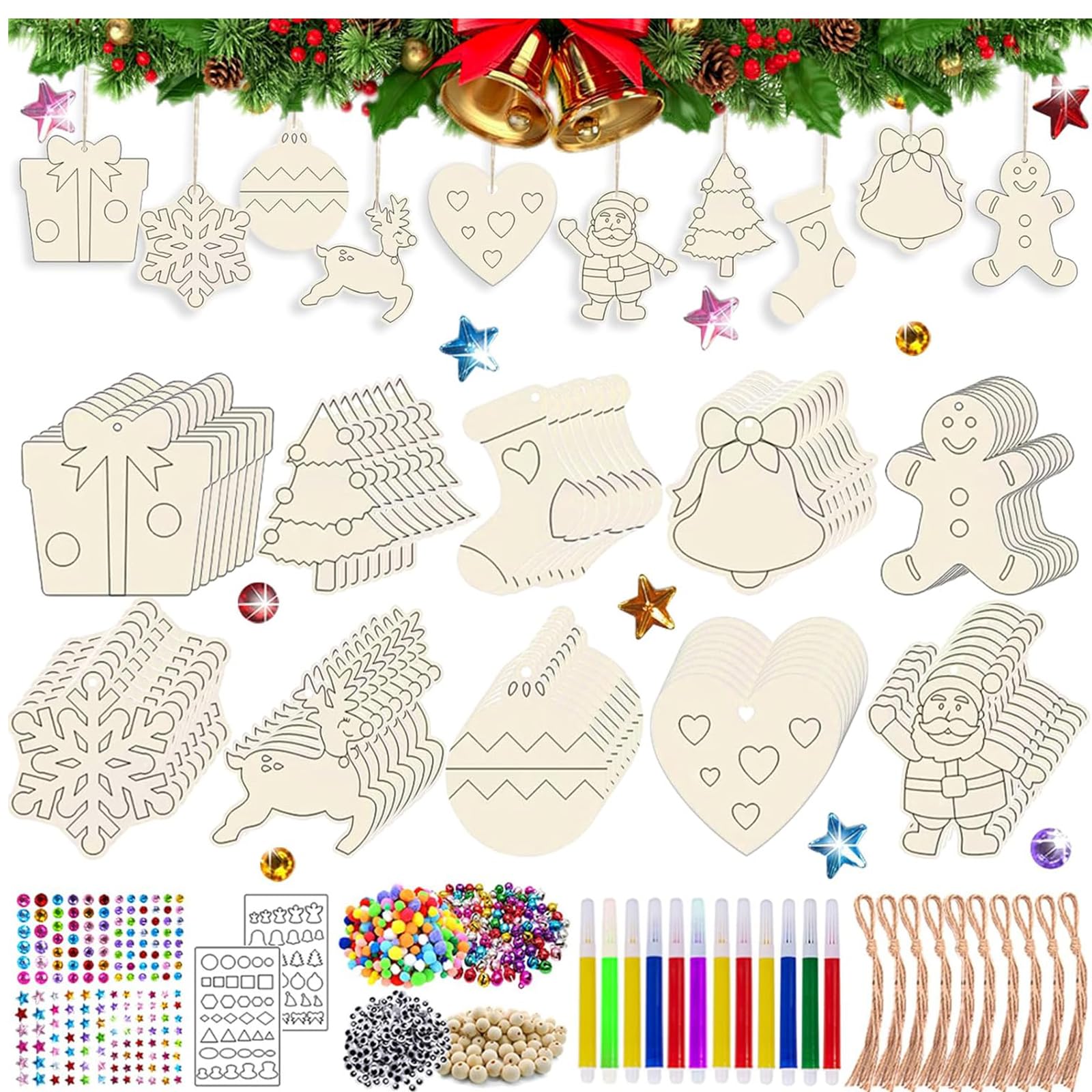 Volumoon 376 Pcs 10 Estilos Colgantes de Madera para Navidad,Adornos Arbol de Navidad de Madera,Ornamentos de Navidad,Adornos Navidad Madera Rodajas de Madera para Pintar,Decoracion Arbol Navidad