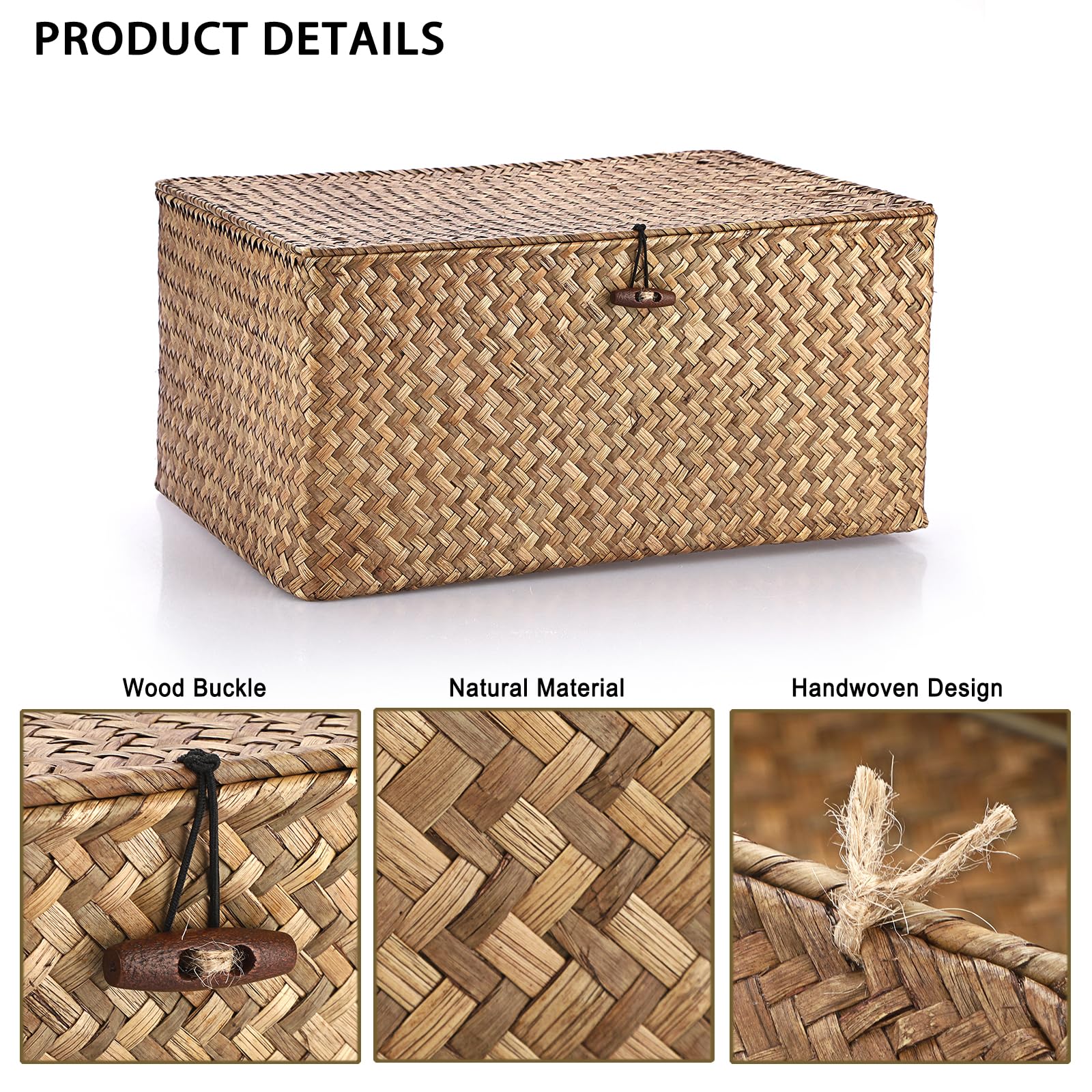 IGNPION - Cesta de almacenamiento de mimbre con tapa, cesta de escritorio de mimbre trenzado, rectangular, organizador de baño, caja decorativa para debajo de los estantes de la sala de estar, cesta