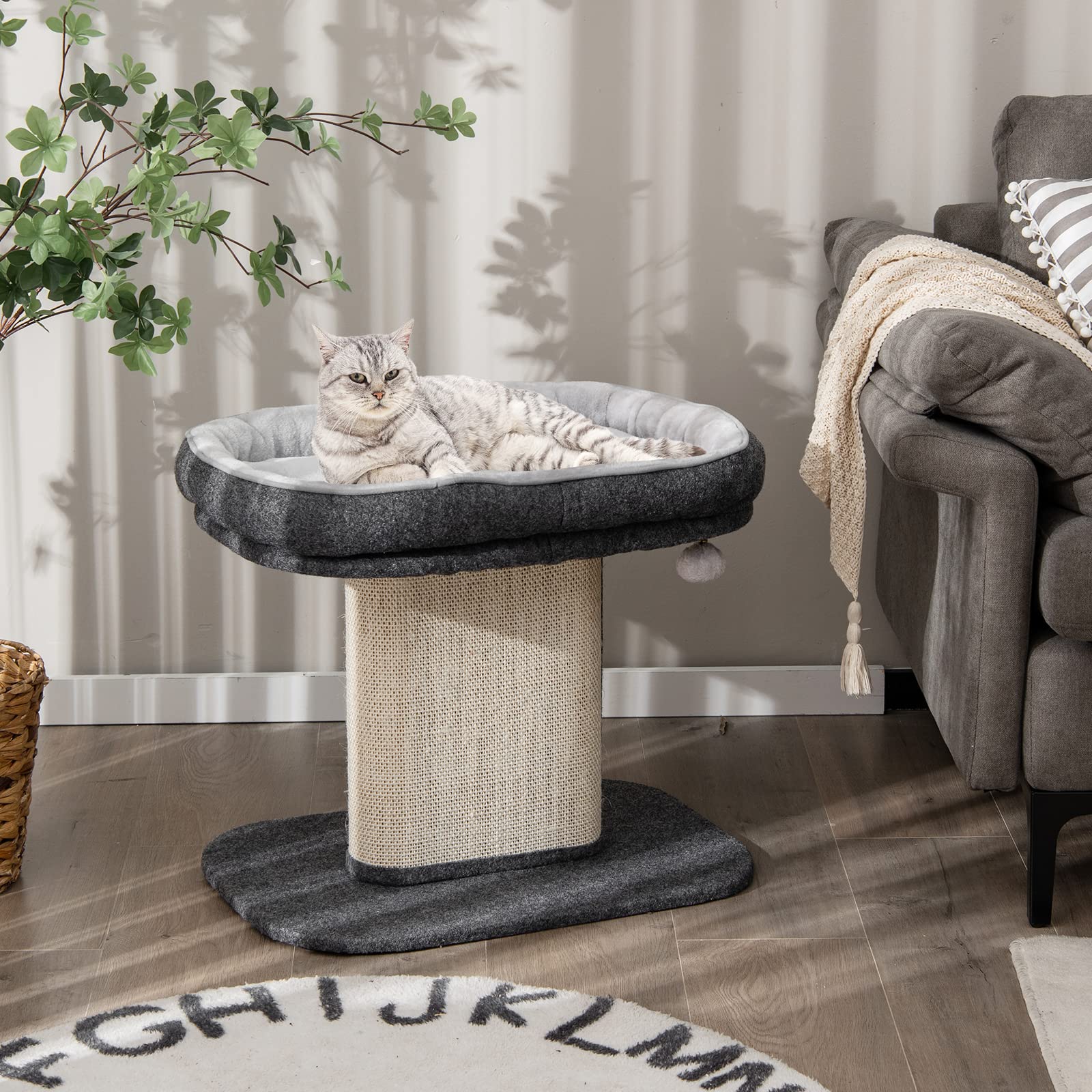COSTWAY Tiragraffi con Grande Cuccia in Peluche e Sisal per Gatti, Struttura da Divano in Legno con Palla, Portata 20 kg (Grigio)