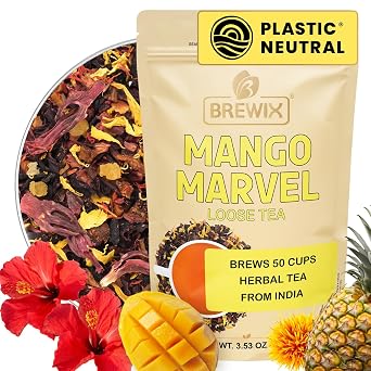 BREWIX, Mango Marvel Herbal Loose Tea 50+ Cups | Made with Hibiscus, Mango, Pineapple, Orange Peel, Strawberry | Non-Caffeinated | Make Hot or Iced | Resealable Pouch