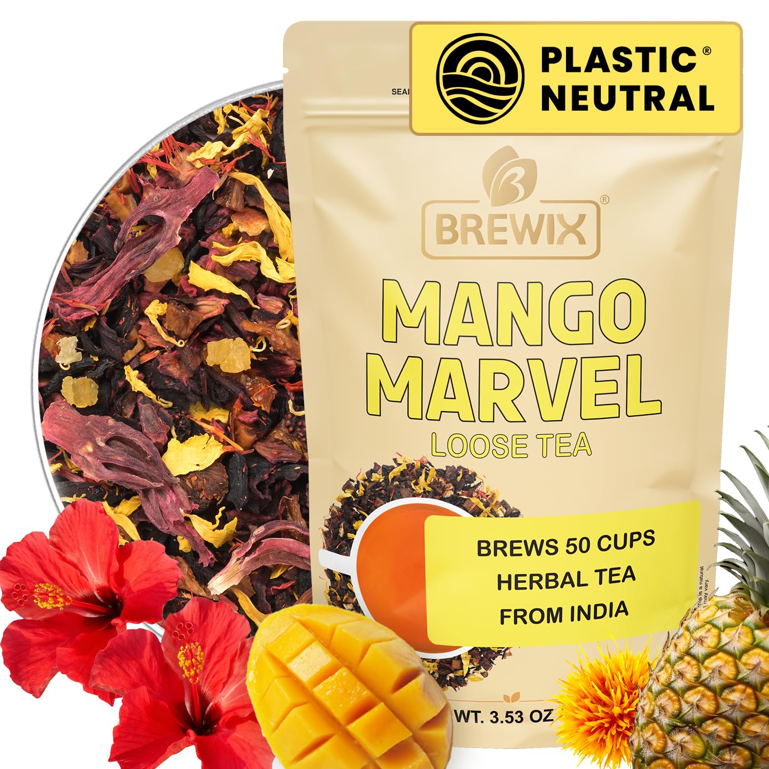 BREWIX, Mango Marvel Herbal Loose Tea (50+ Cups) | Made with Hibiscus, Mango, Pineapple, Orange Peel, Strawberry | Non-Caffeinated | Make Hot or Iced