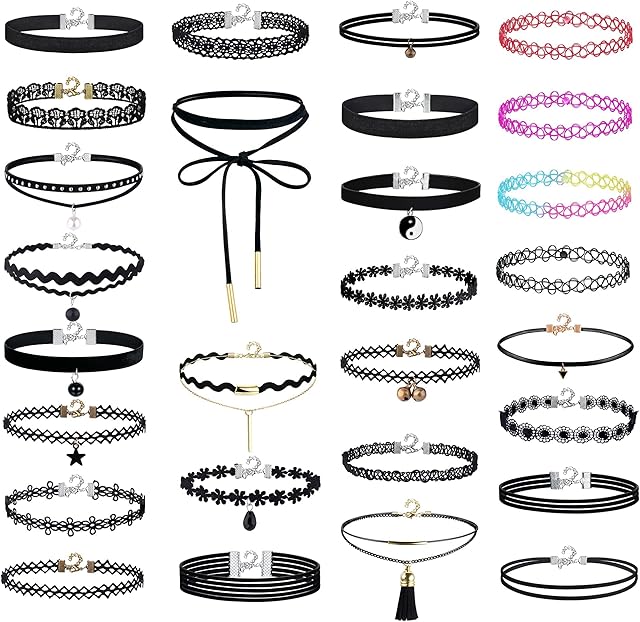 JeryWe 28Pcs Black Choker Necklace for Women Girls Classic Black Velvet Gothic Choker Set Adjustable Layered Necklaces Chokers Gift Lace Tattoo Choker for Teen