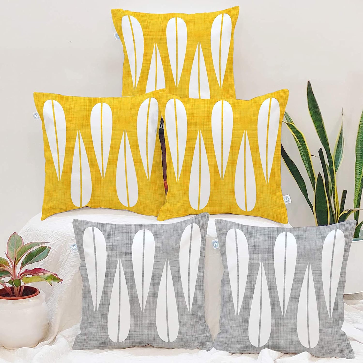 STITCHNEST Set of 5 Polycotton Cushion Covers – Yellow & Grey Abstract Drop Design – 16×16 Inches – Soft & Durable Cushion Covers for Sofa, Bed & Living Room Decor STITCHNEST Set of 5 Polycotton Cushion Covers – Yellow & Grey Abstract Drop Design – 16×16 Inches – Soft & Durable Cushion Covers for Sofa, Bed & Living Room Decor