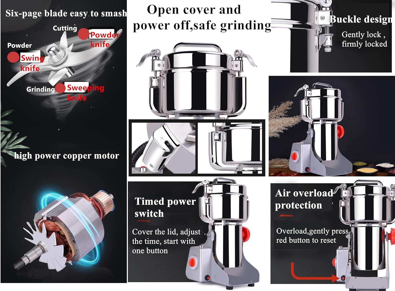 Upgraded Electric Grain Grinder Mill High-Speed Spice Herb Mill Commercial Powder Machine Dry Cereals Grinder (1000g Swing Type)