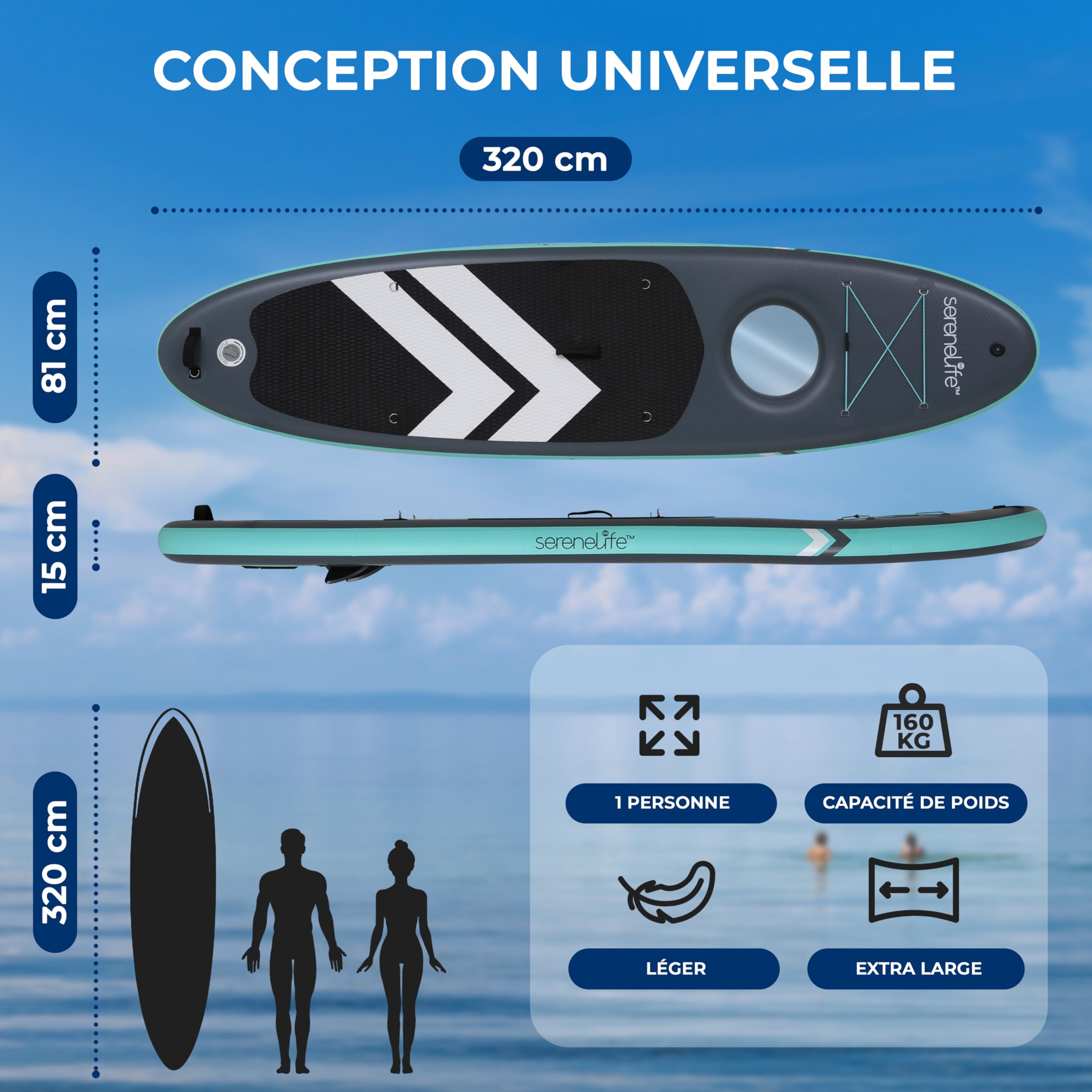 SereneLife Paddle Gonflable Adulte XL – Planche de Stand Up Paddle Stable Grande Largeur avec Tapis EVA Antidérapant, Pompe, Pagaie et Sac de Transport Inclus