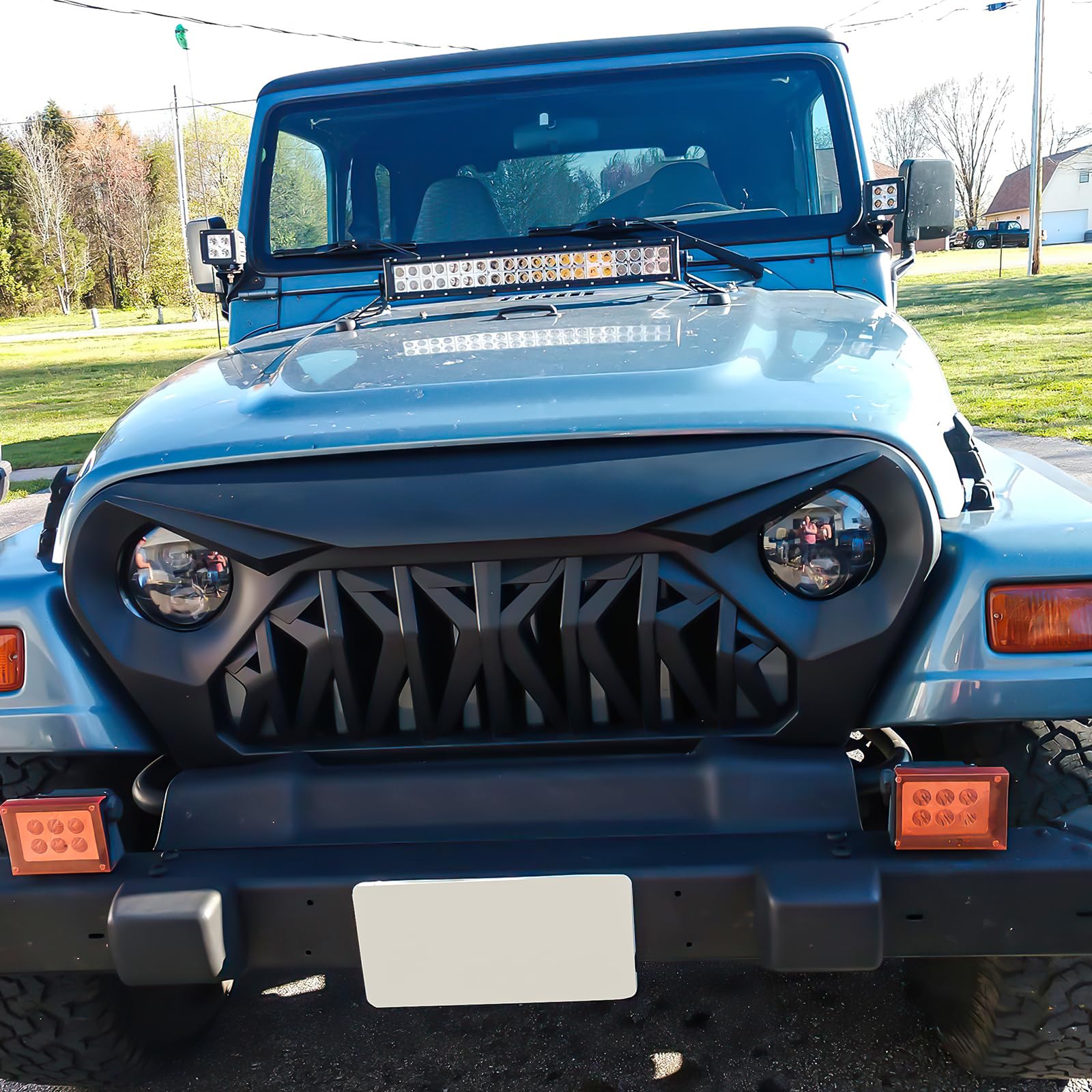Front Shark Grille Replacement Compatible with 1997-2006 Jeep Wrangler TJ | Matte Black Finish ABS Material Bolt-On Installation Replaces OEM Factory Grille product thumbnail 8