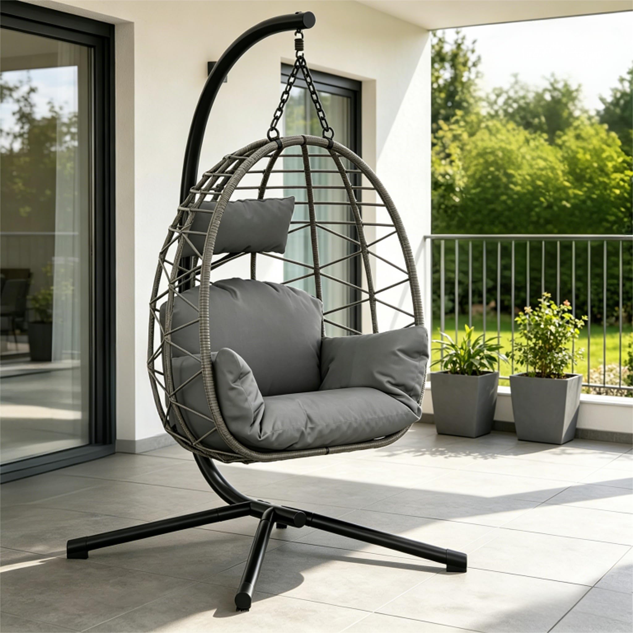 Hängesessel Mit Gestell Bis 150 kg, Outdoor Rattan Hängesessel Mit Metallgestell, Komfortabler Hängesitz Indoor Mit Waschbaren Kissen, Für Garten, Terrasse & Balkon