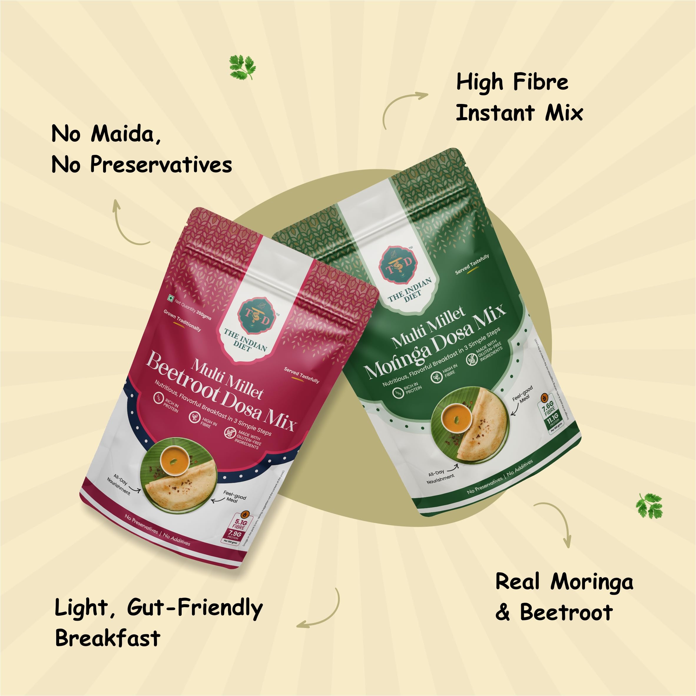 The Indian Diet Multi Millet Instant Idli-Dosa Mix Breakfast Combo | High Fiber, Protein | Pack of (3 � 350 g) | No Palm Oil, No Added Preservatives | Moringa & Beetroot Mix 2
