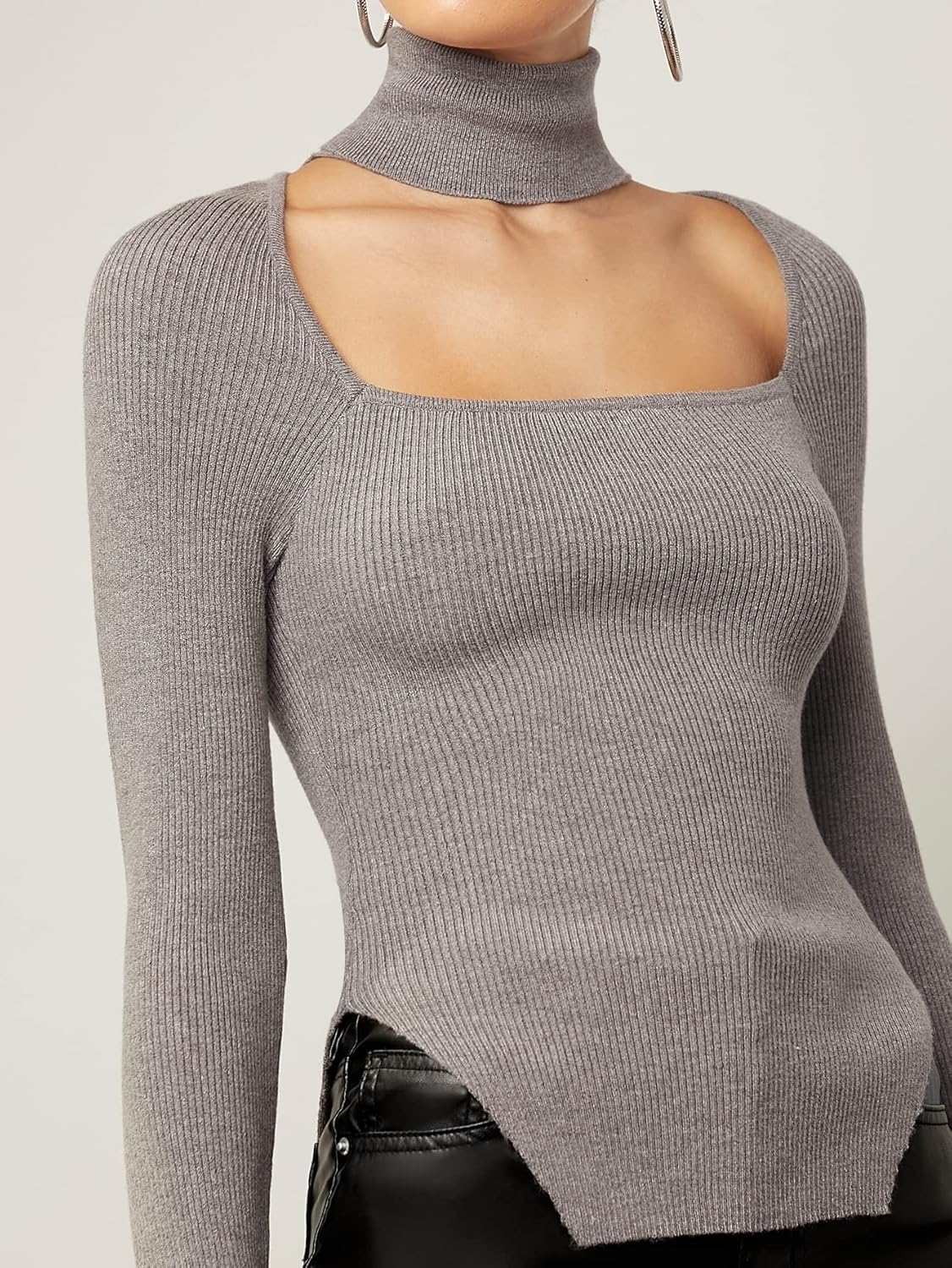 Women's Sweater High Neck Asymmetrical Hem Sweater Sweater for Women (Color : Gray, Size : Medium)