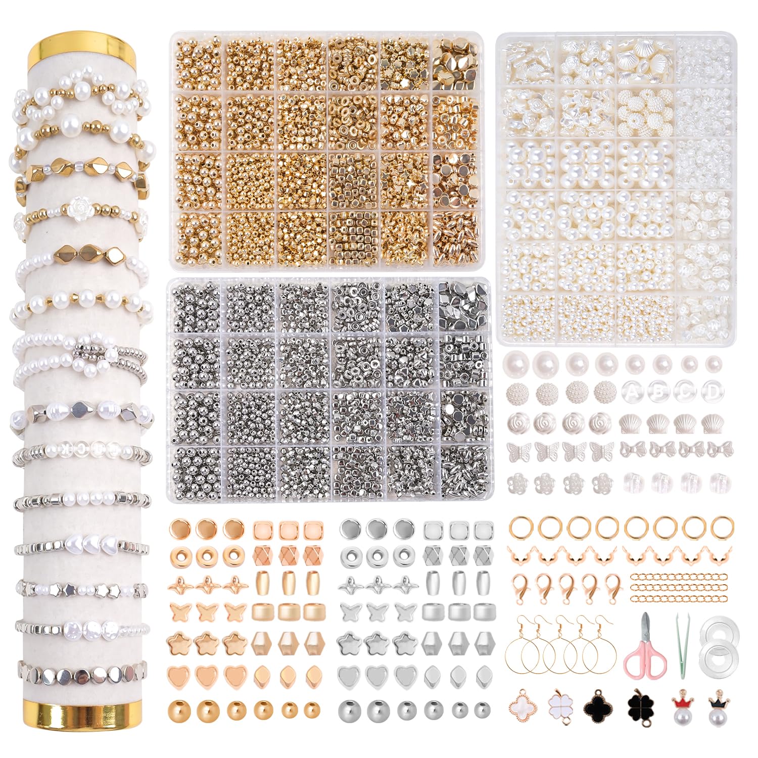 OIOYCLG Selber Machen Beads 3-kits Perlen für Armbänder, Weiße Perle Schmuckherstellungs,Gold/Silber/Perlen Set zum Auffädeln Kit – DIY Geschenk für Mädchen & Muttertag, Hochzeit, Party, Basteln