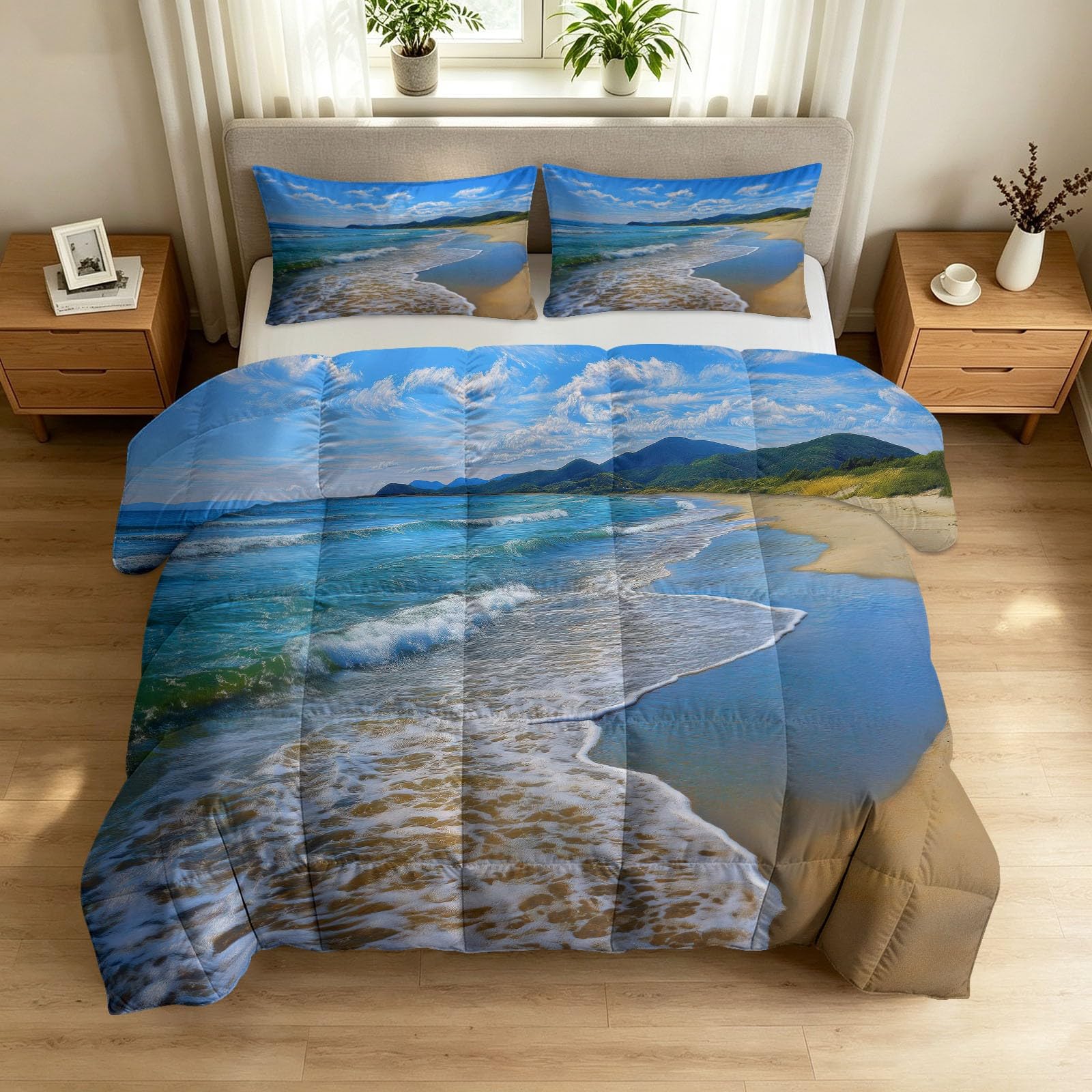 Letnia kołdra z motywem oceanu, 135 x 200 cm, na 4 pory roku, przyjazna dla skóry i ciepła, nadaje się do prania, całoroczna kołdra z motywem fal plażowych, błękitnego nieba, dwustronna kołdra
