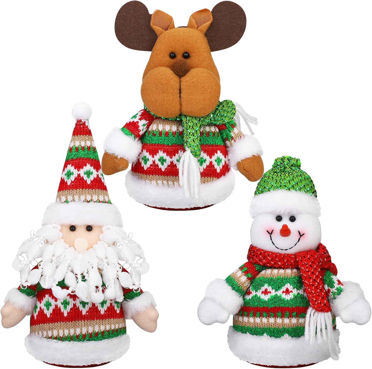MCEAST 3 Pieces Christmas Table Decor Plush Christmas Sitting Snowman Santa Claus Reindeer Ornament for Table Fireplace Home Decoration, Stripes